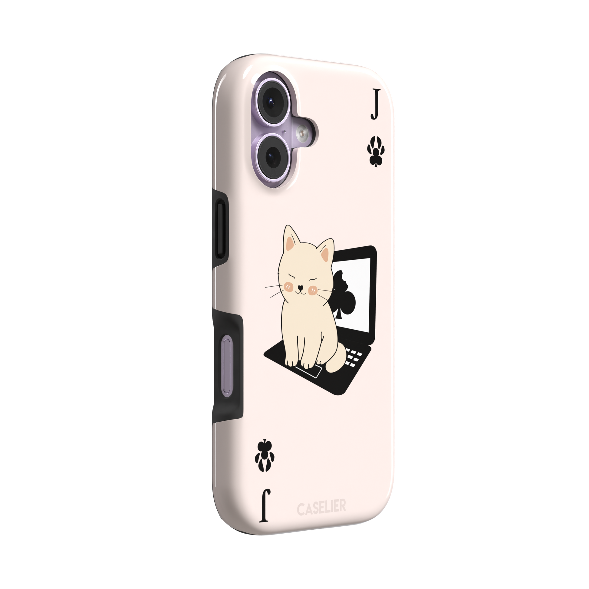 Jack of Clubs playing card phone case in blush pink with a cute cream kitten sitting on a black laptop and paw print club symbols at the corners, phone case by Caselier — tough case, left view
