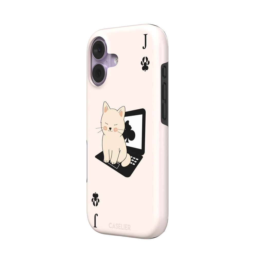 Jack of Clubs playing card phone case in blush pink with a cute cream kitten sitting on a black laptop and paw print club symbols at the corners, phone case by Caselier — tough case, right view