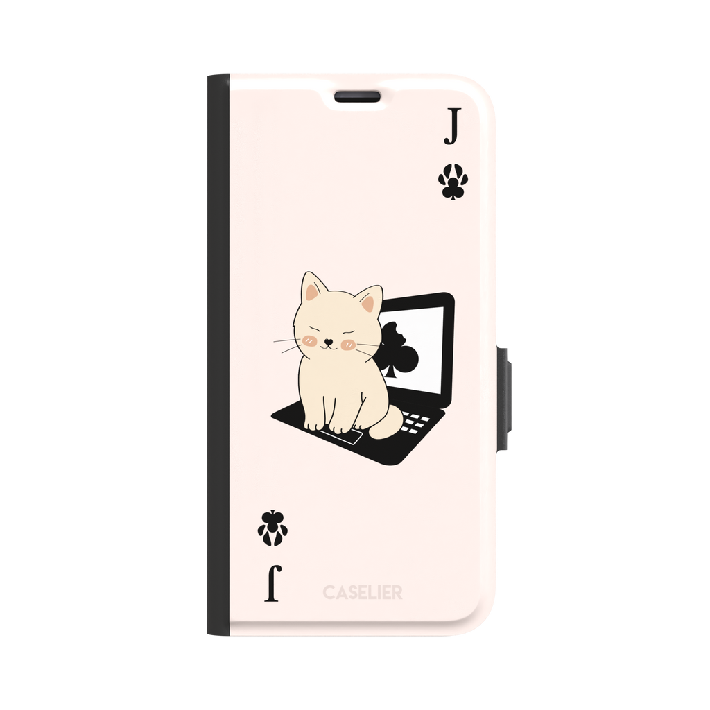Jack of Clubs playing card phone case in blush pink with a cute cream kitten sitting on a black laptop and paw print club symbols at the corners, phone case by Caselier — wallet case, front view