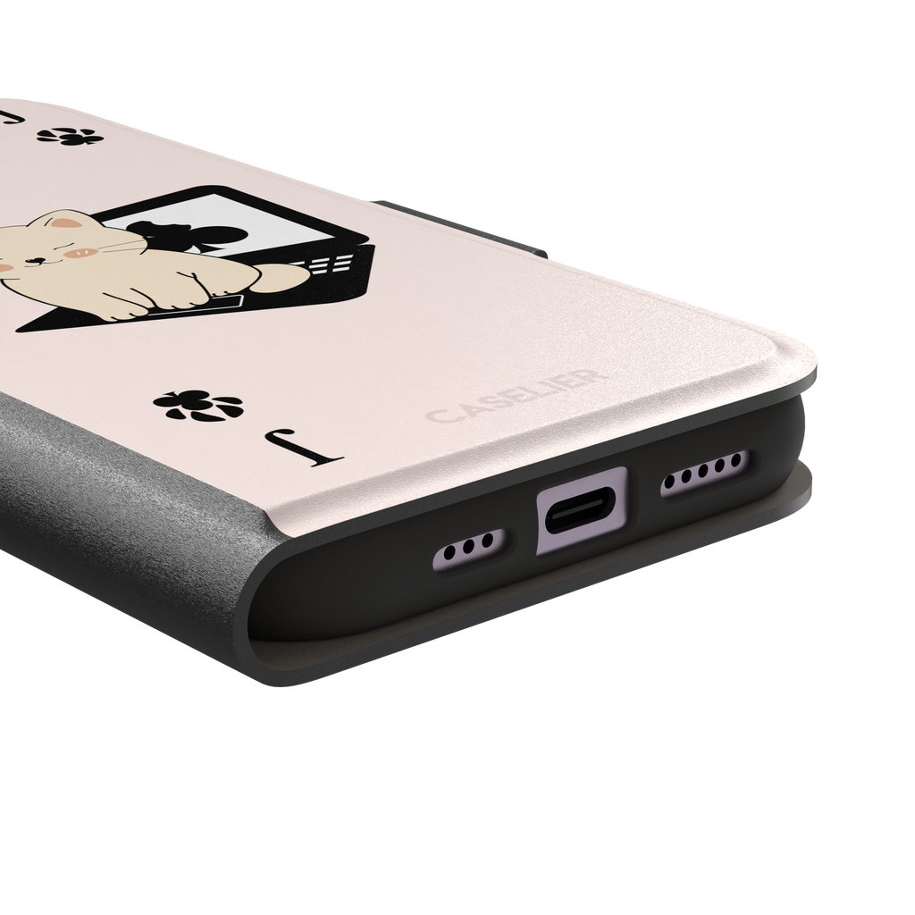 Jack of Clubs playing card phone case in blush pink with a cute cream kitten sitting on a black laptop and paw print club symbols at the corners, phone case by Caselier — wallet case, charging port detail