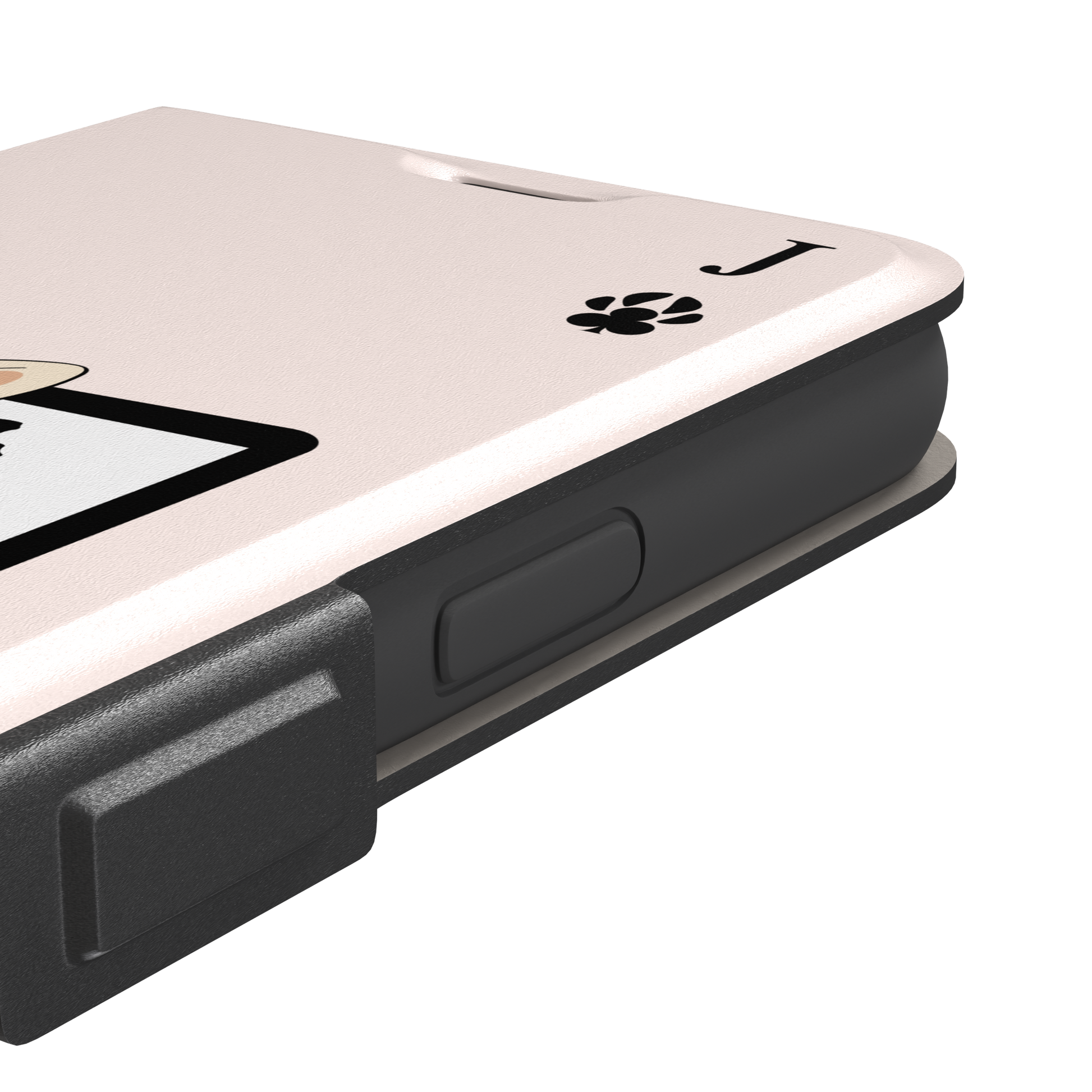 Jack of Clubs playing card phone case in blush pink with a cute cream kitten sitting on a black laptop and paw print club symbols at the corners, phone case by Caselier — wallet case, volume buttons detail