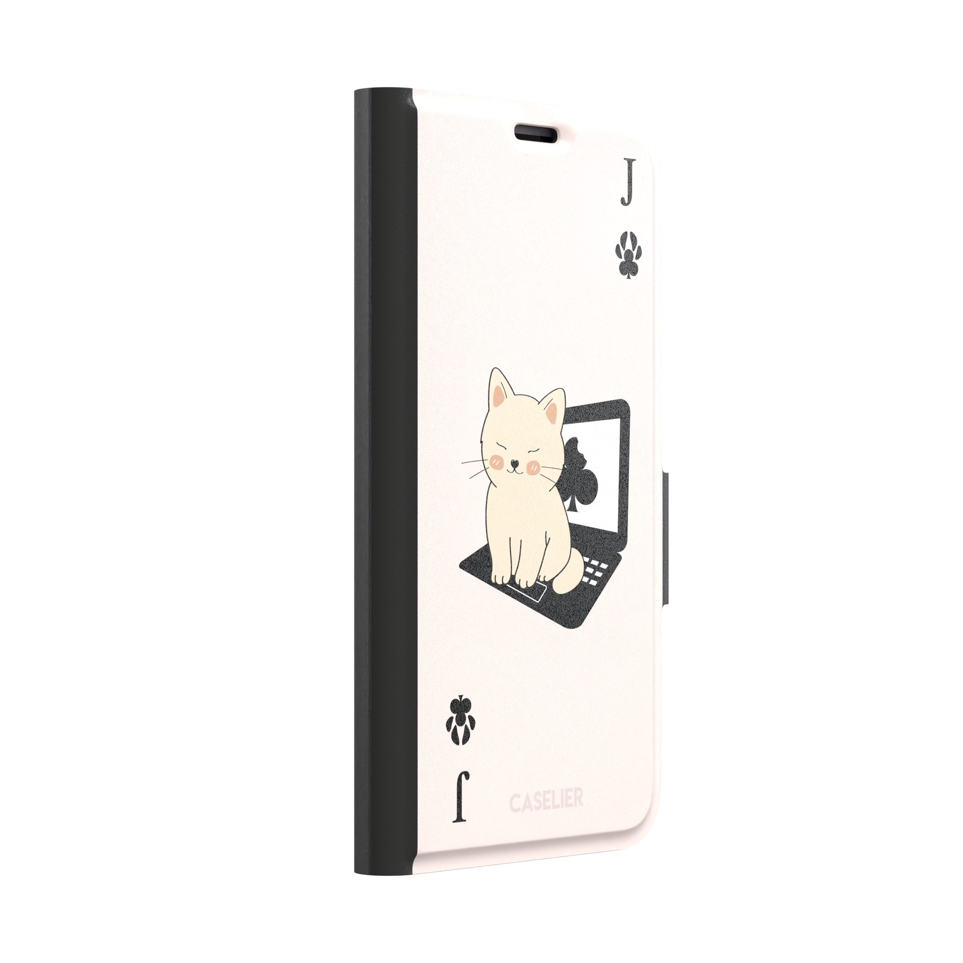 Jack of Clubs playing card phone case in blush pink with a cute cream kitten sitting on a black laptop and paw print club symbols at the corners, phone case by Caselier — wallet case, left view