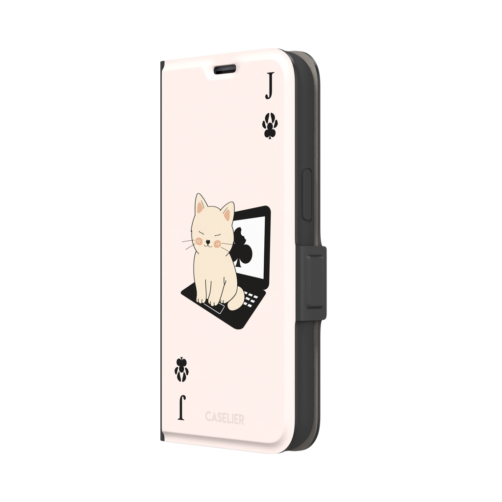 Jack of Clubs playing card phone case in blush pink with a cute cream kitten sitting on a black laptop and paw print club symbols at the corners, phone case by Caselier — wallet case, right view