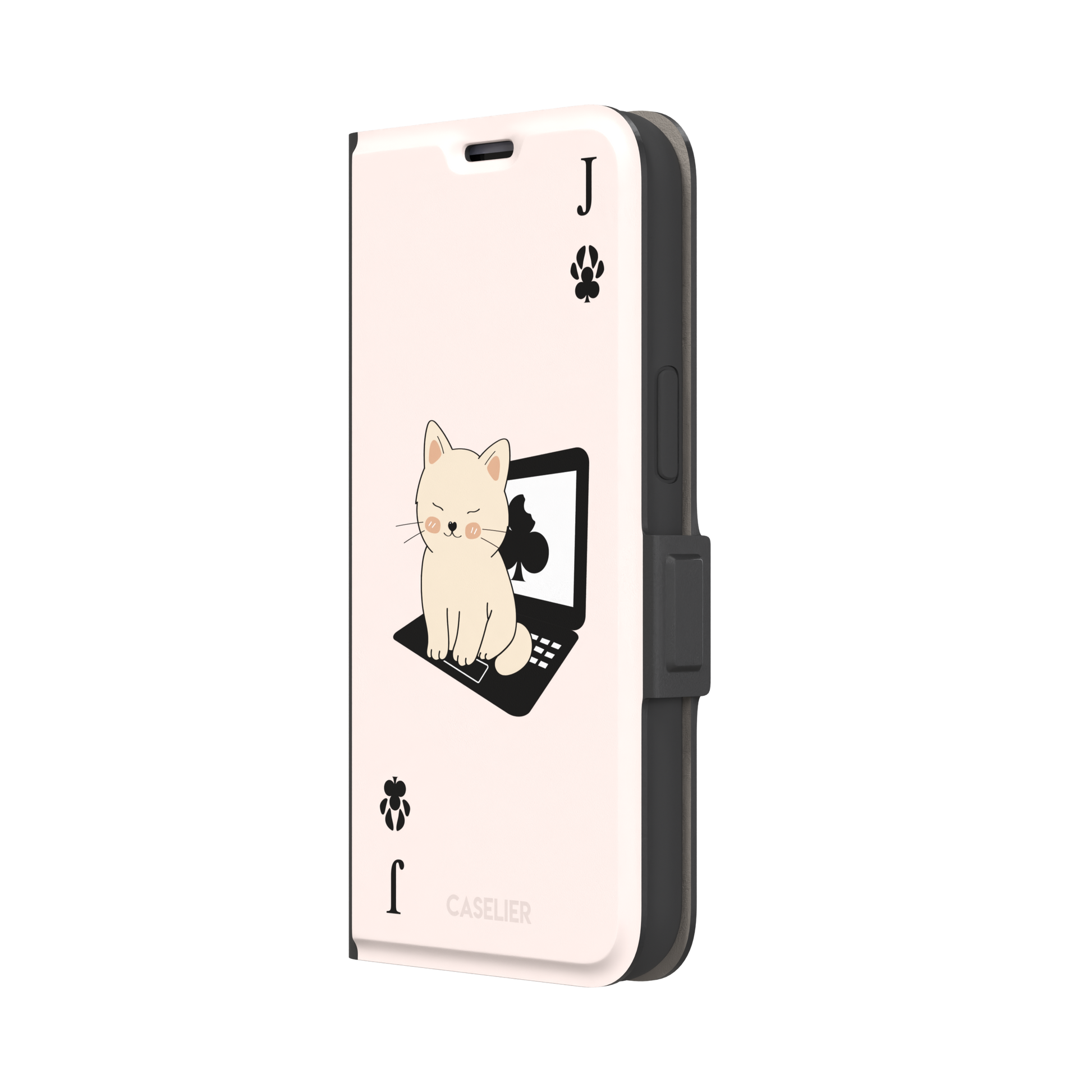 Jack of Clubs playing card phone case in blush pink with a cute cream kitten sitting on a black laptop and paw print club symbols at the corners, phone case by Caselier — wallet case, right view
