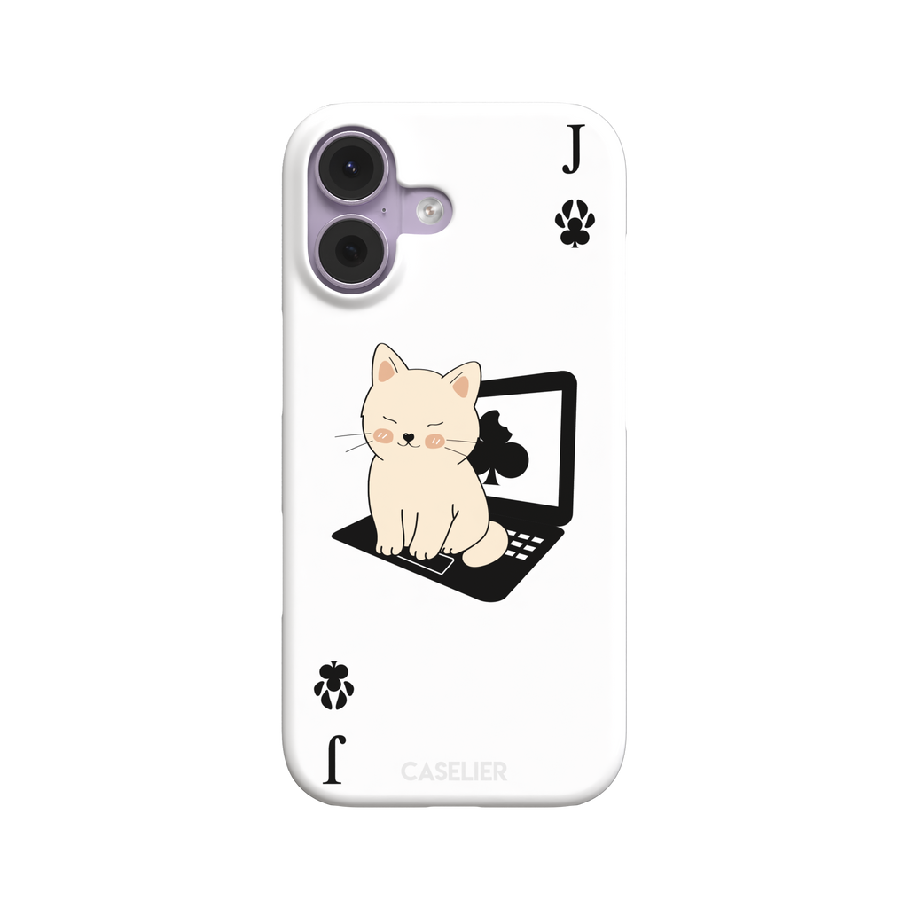 Jack of Clubs playing card phone case in white with a cute cream kitten sitting on a black laptop and paw print club symbols at the corners, phone case by Caselier — snap case, front view