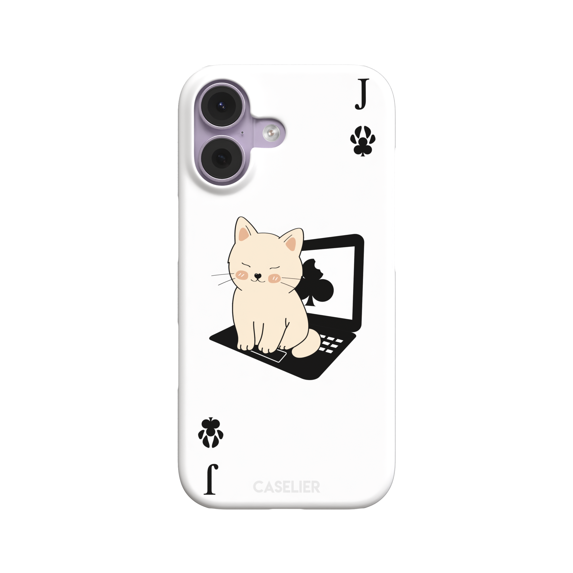 Jack of Clubs playing card phone case in white with a cute cream kitten sitting on a black laptop and paw print club symbols at the corners, phone case by Caselier — snap case, front view