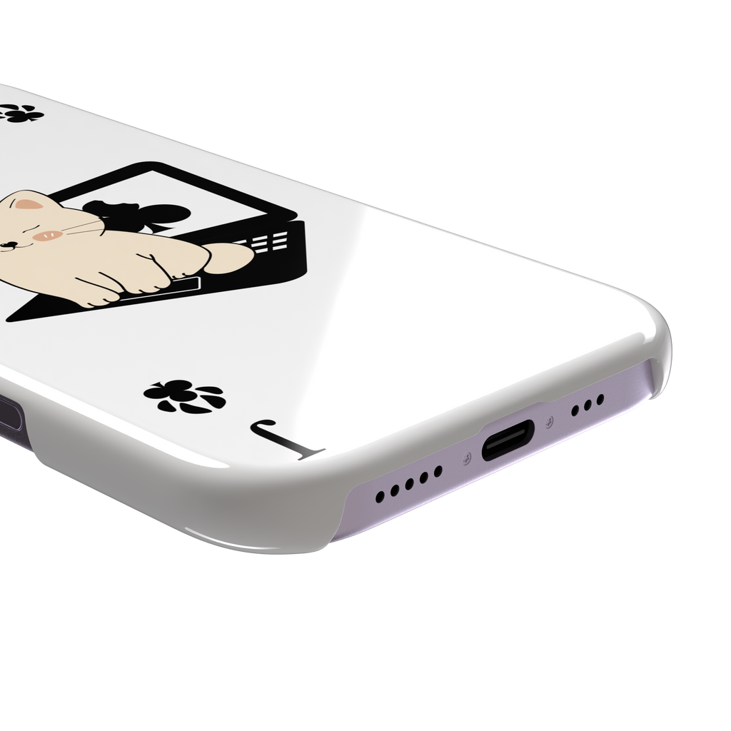Jack of Clubs playing card phone case in white with a cute cream kitten sitting on a black laptop and paw print club symbols at the corners, phone case by Caselier — snap case, charging port detail