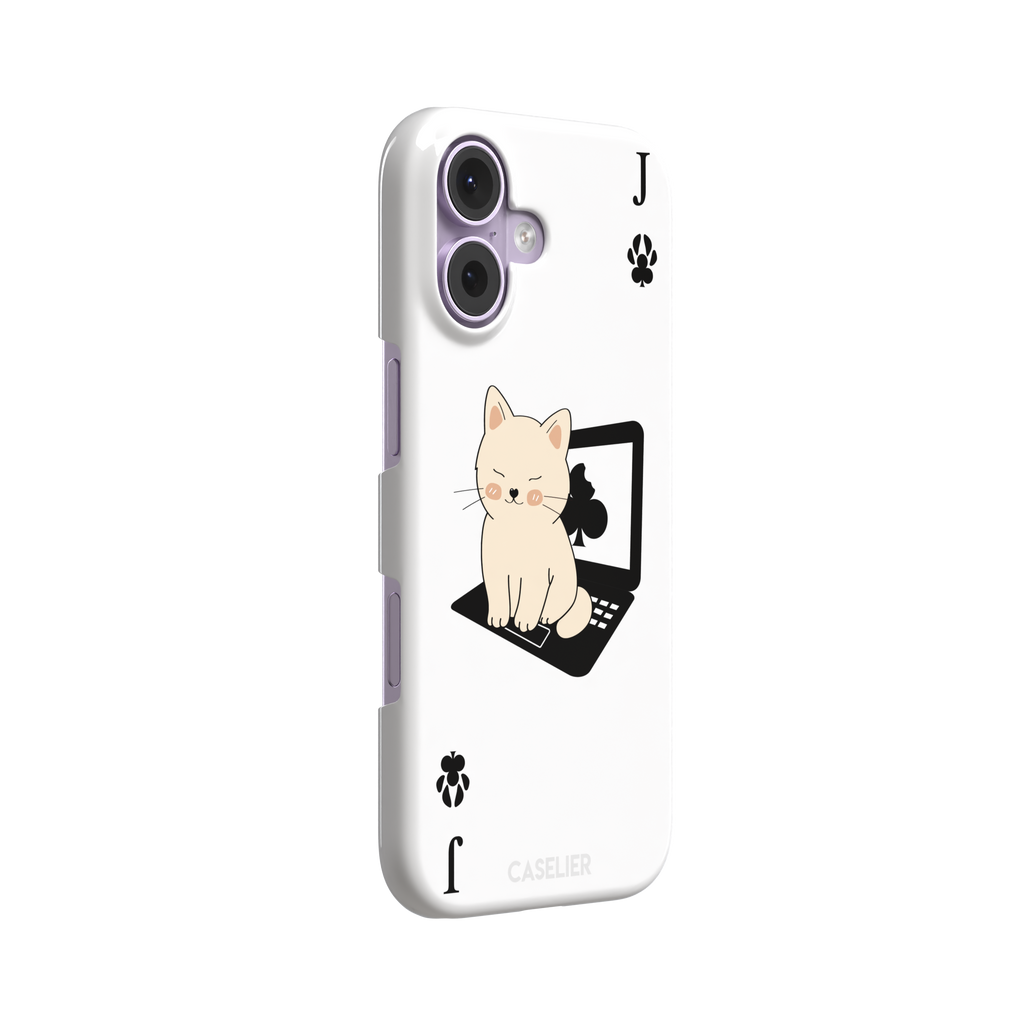 Jack of Clubs playing card phone case in white with a cute cream kitten sitting on a black laptop and paw print club symbols at the corners, phone case by Caselier — snap case, left view