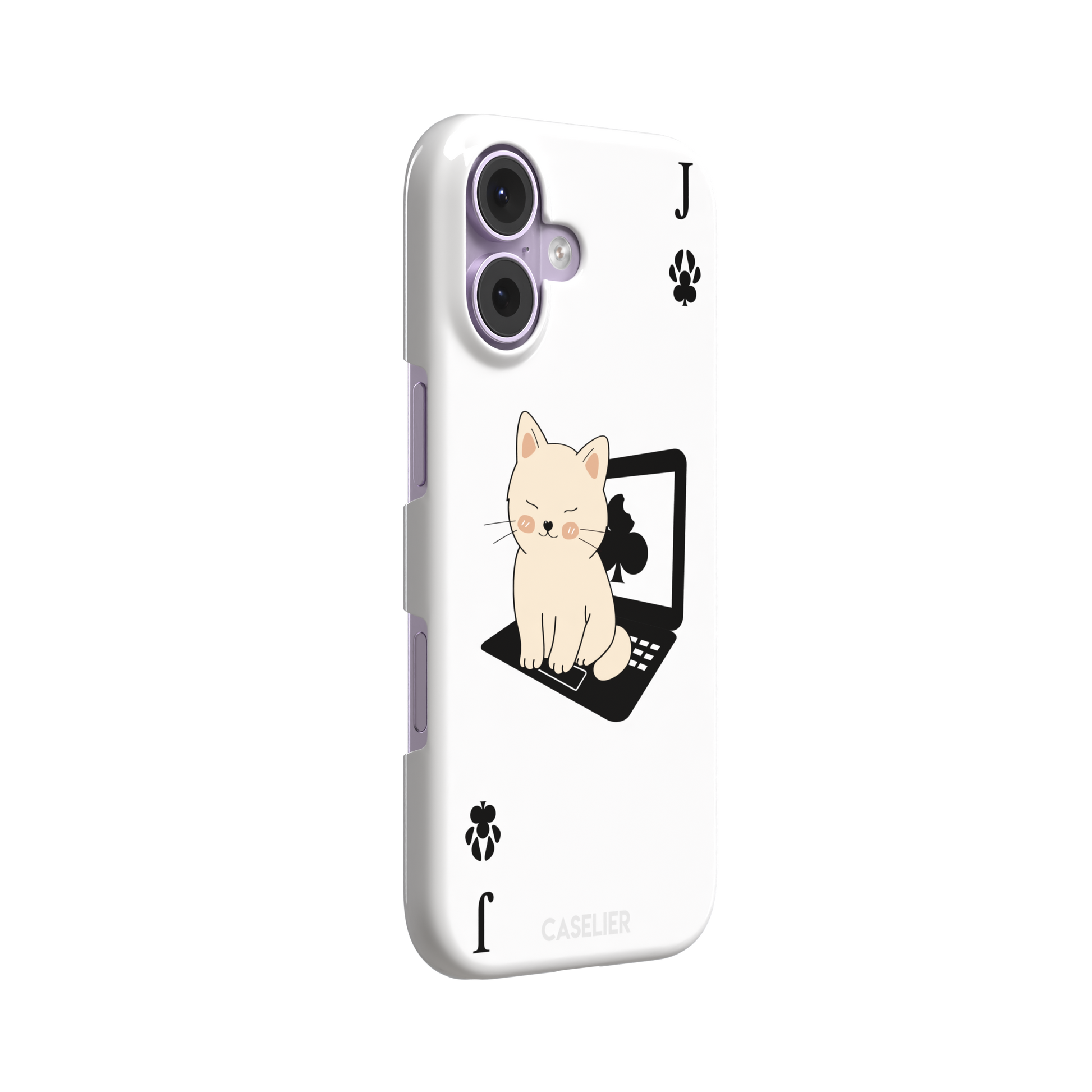Jack of Clubs playing card phone case in white with a cute cream kitten sitting on a black laptop and paw print club symbols at the corners, phone case by Caselier — snap case, left view
