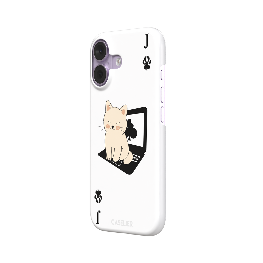 Jack of Clubs playing card phone case in white with a cute cream kitten sitting on a black laptop and paw print club symbols at the corners, phone case by Caselier — snap case, right view