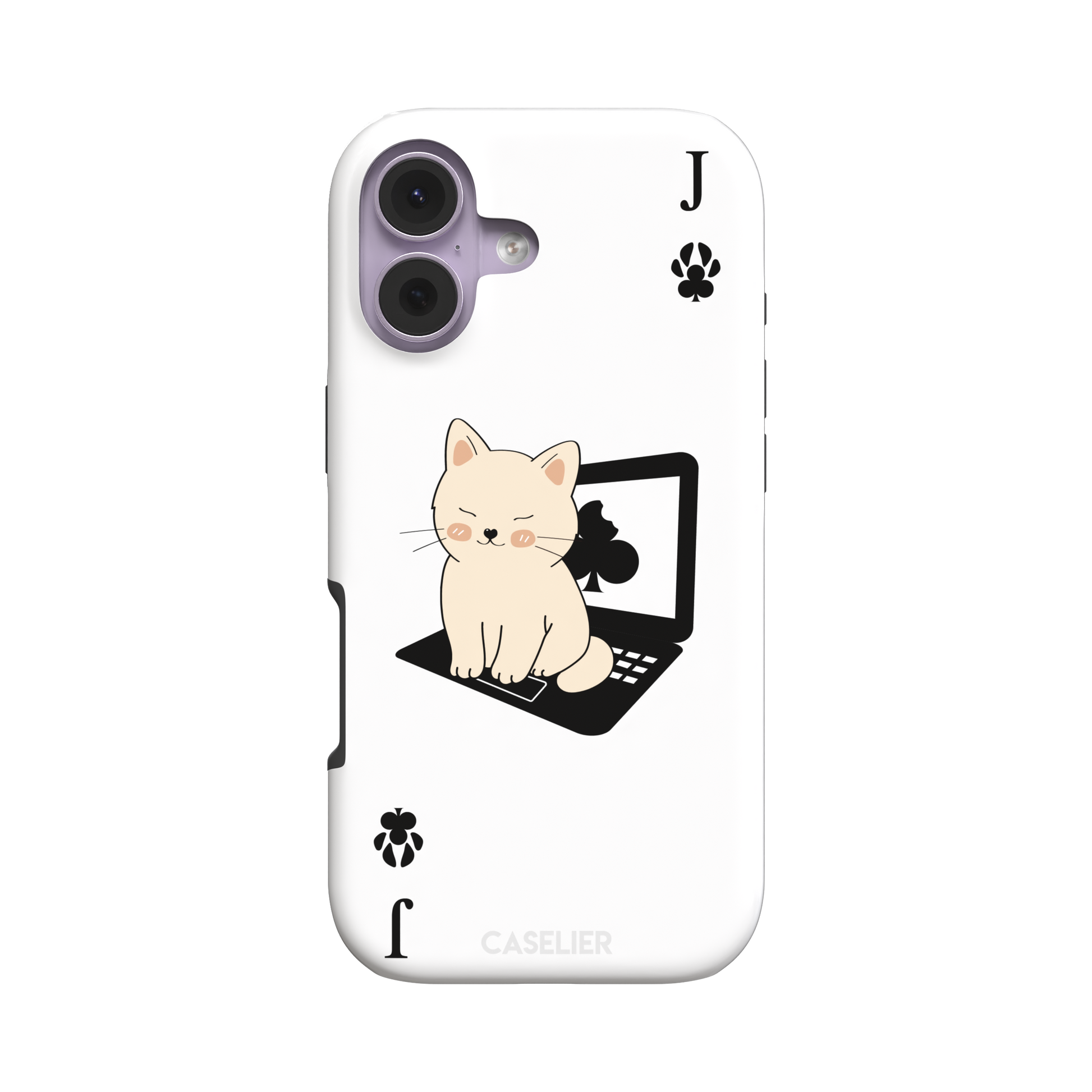 Jack of Clubs playing card phone case in white with a cute cream kitten sitting on a black laptop and paw print club symbols at the corners, phone case by Caselier — tough case, front view