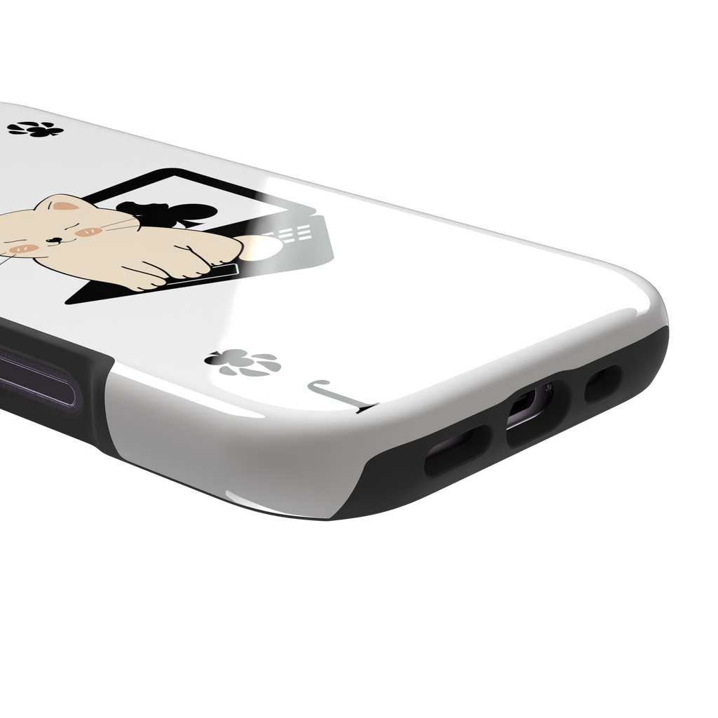 Jack of Clubs playing card phone case in white with a cute cream kitten sitting on a black laptop and paw print club symbols at the corners, phone case by Caselier — tough case, charging port detail