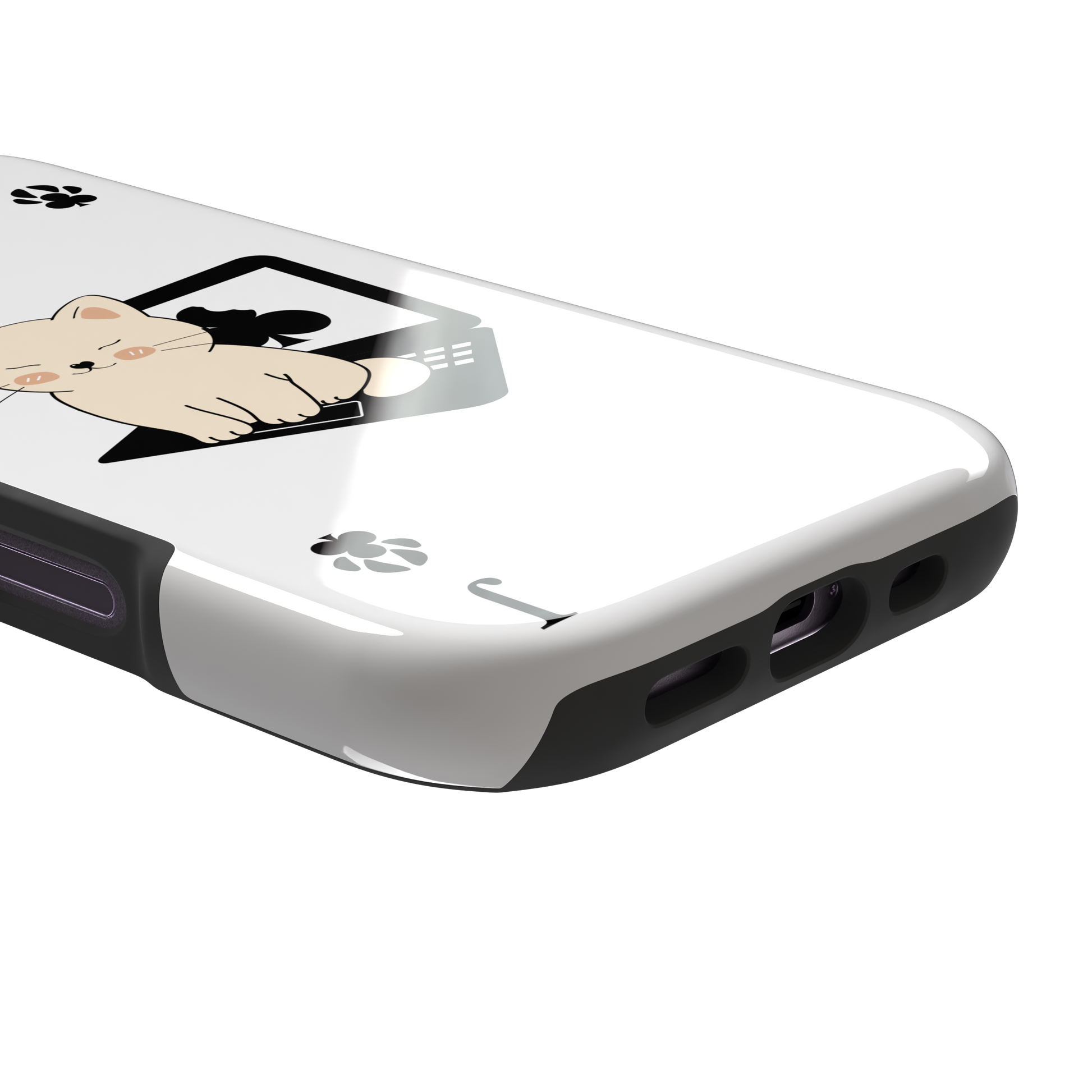 Jack of Clubs playing card phone case in white with a cute cream kitten sitting on a black laptop and paw print club symbols at the corners, phone case by Caselier — tough case, charging port detail