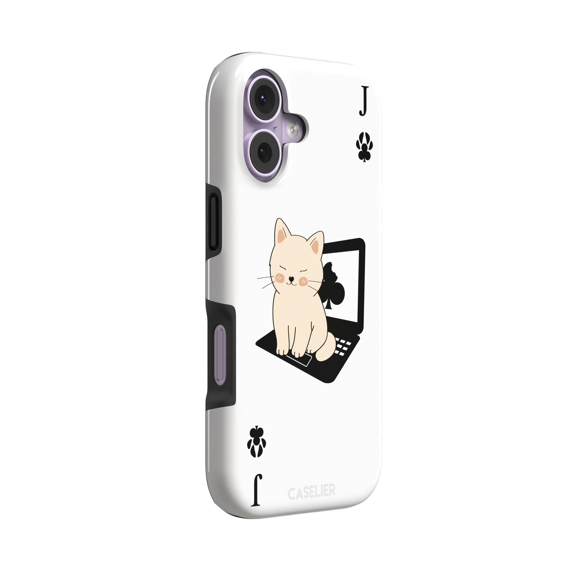 Jack of Clubs playing card phone case in white with a cute cream kitten sitting on a black laptop and paw print club symbols at the corners, phone case by Caselier — tough case, left view