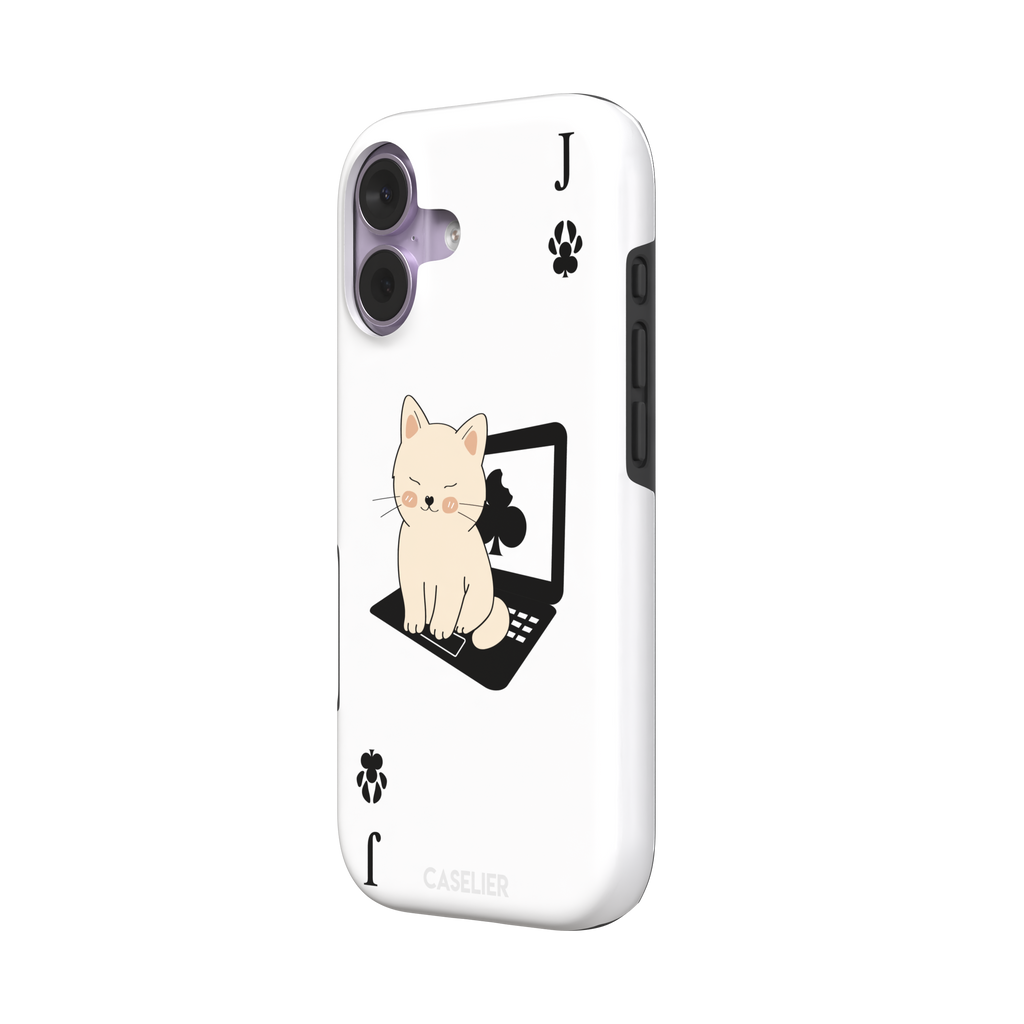Jack of Clubs playing card phone case in white with a cute cream kitten sitting on a black laptop and paw print club symbols at the corners, phone case by Caselier — tough case, right view