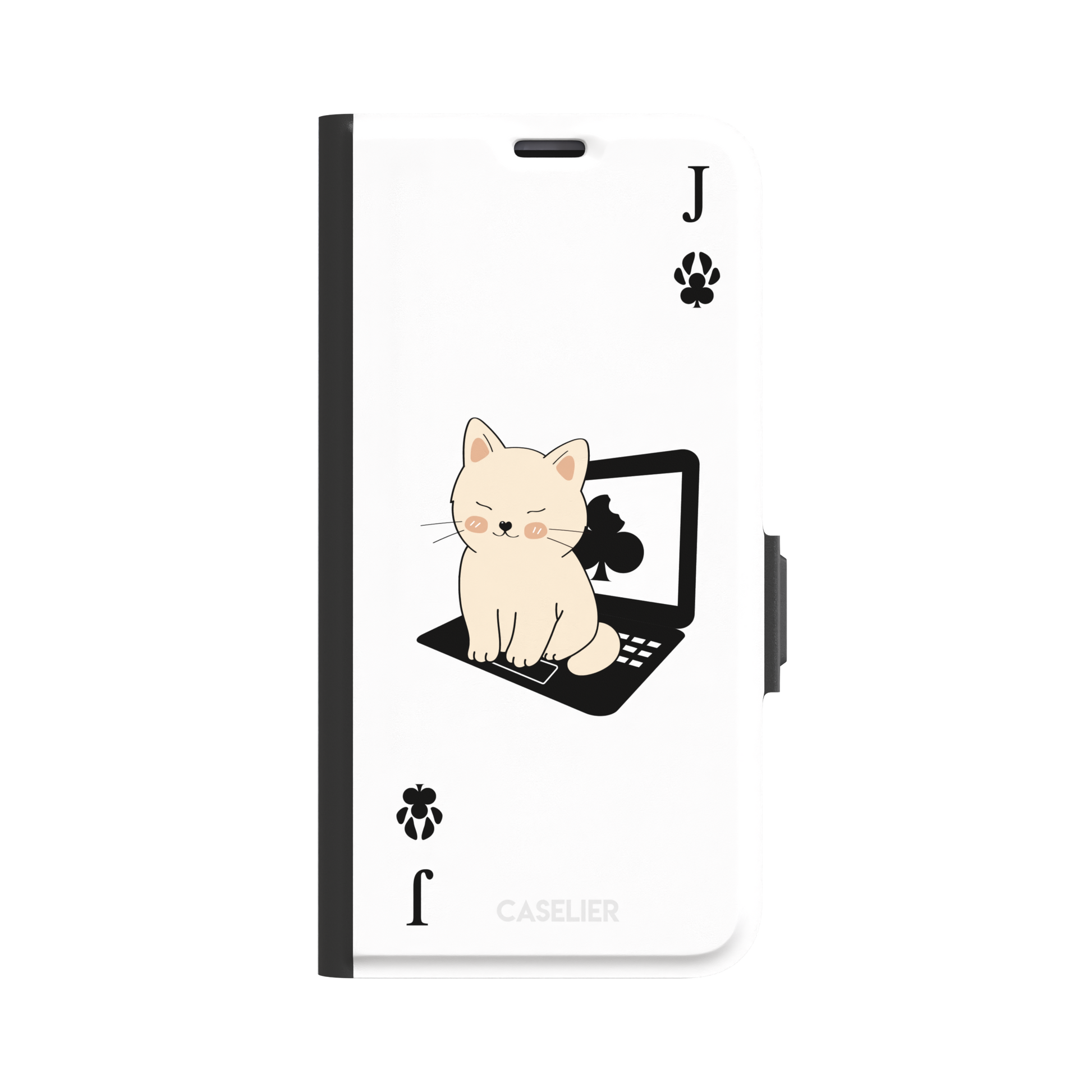Jack of Clubs playing card phone case in white with a cute cream kitten sitting on a black laptop and paw print club symbols at the corners, phone case by Caselier — wallet case, front view