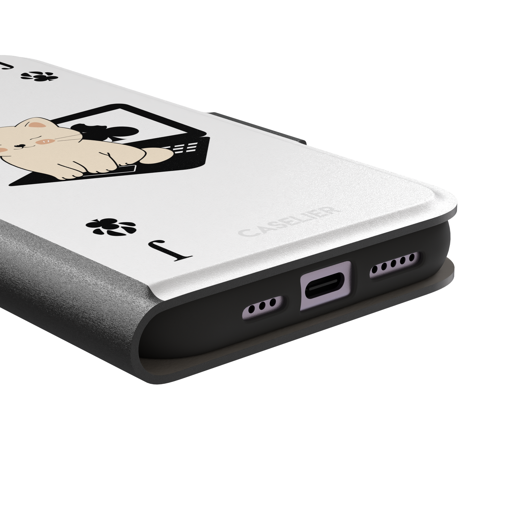 Jack of Clubs playing card phone case in white with a cute cream kitten sitting on a black laptop and paw print club symbols at the corners, phone case by Caselier — wallet case, charging port detail