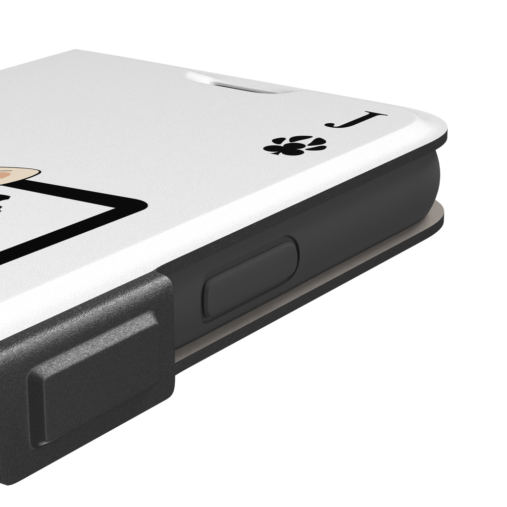 Jack of Clubs playing card phone case in white with a cute cream kitten sitting on a black laptop and paw print club symbols at the corners, phone case by Caselier — wallet case, volume buttons detail