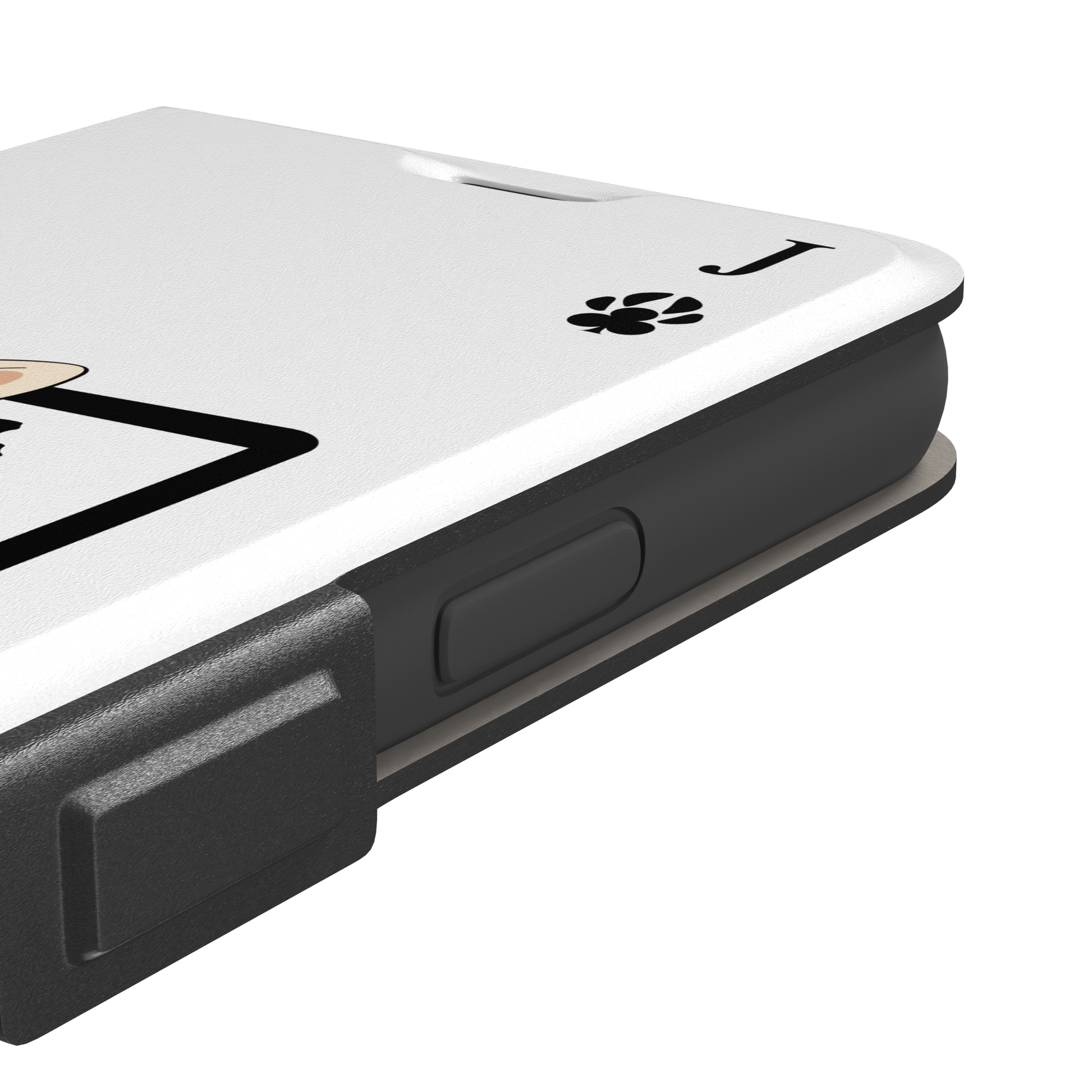 Jack of Clubs playing card phone case in white with a cute cream kitten sitting on a black laptop and paw print club symbols at the corners, phone case by Caselier — wallet case, volume buttons detail