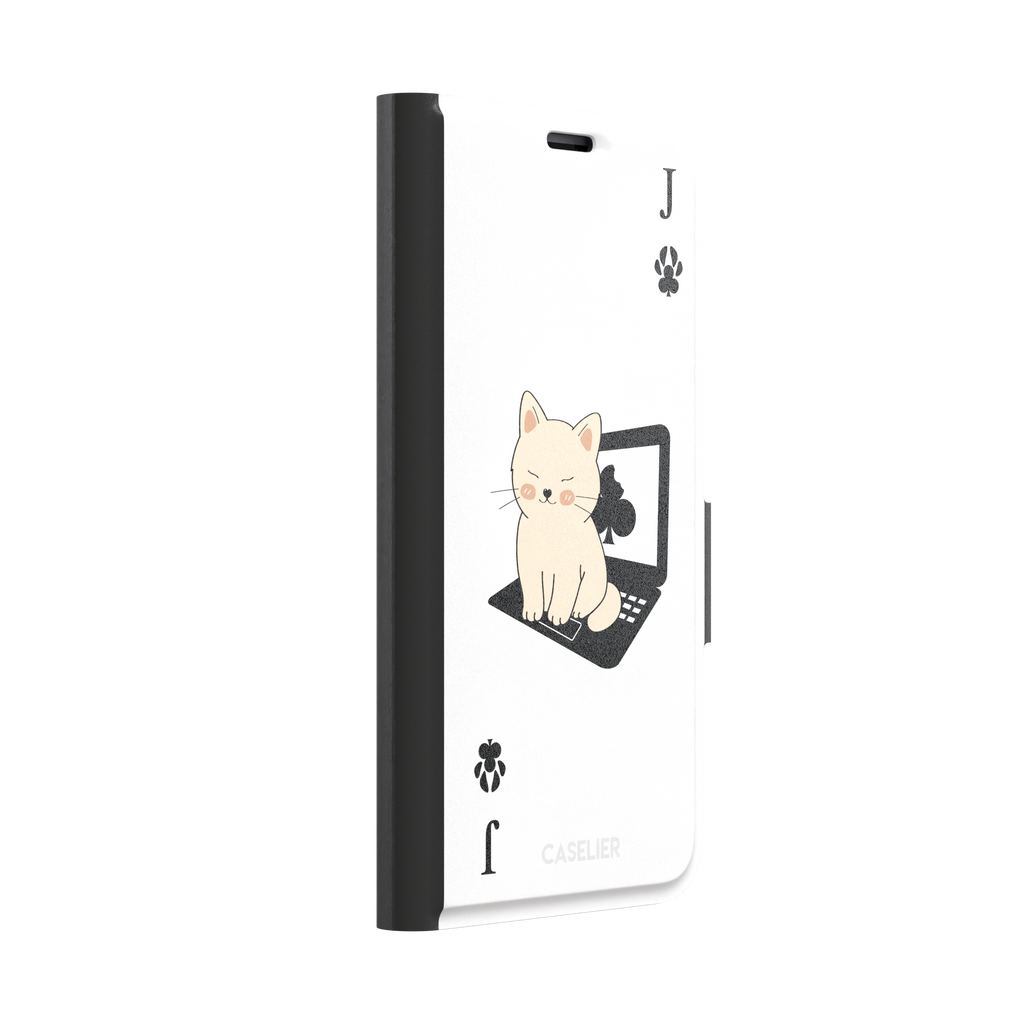 Jack of Clubs playing card phone case in white with a cute cream kitten sitting on a black laptop and paw print club symbols at the corners, phone case by Caselier — wallet case, left view