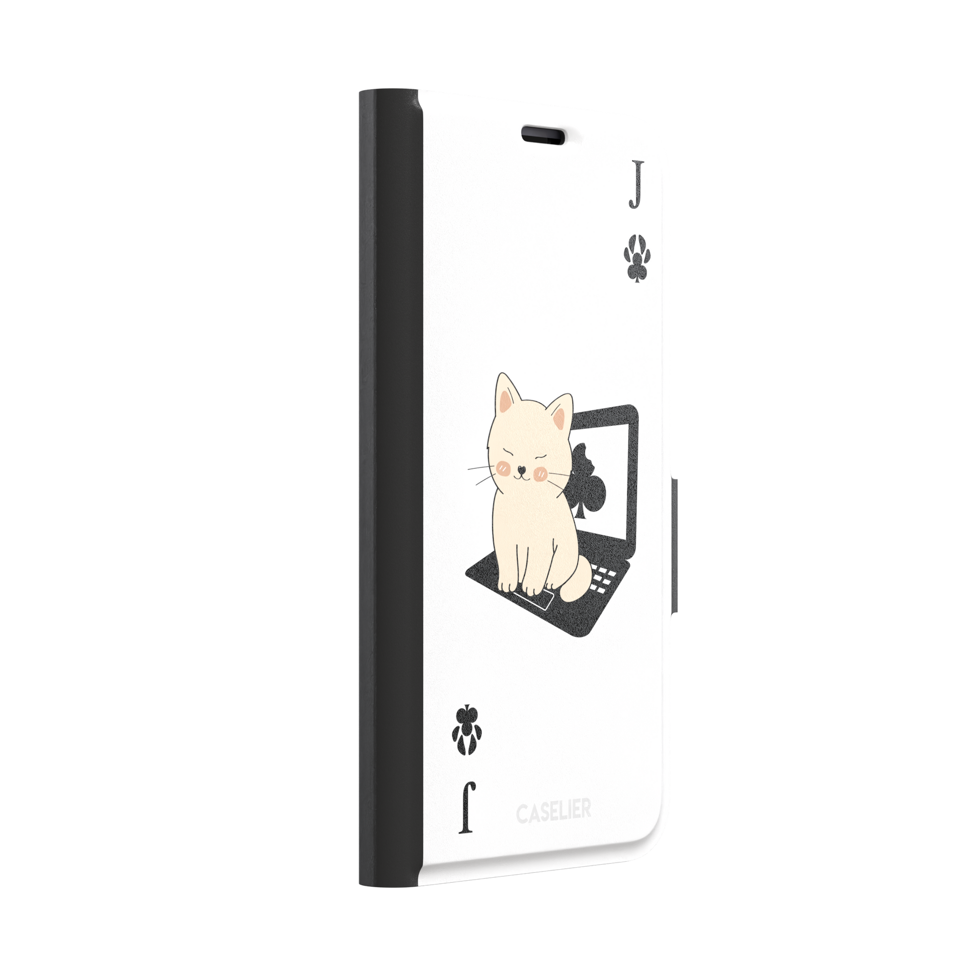 Jack of Clubs playing card phone case in white with a cute cream kitten sitting on a black laptop and paw print club symbols at the corners, phone case by Caselier — wallet case, left view