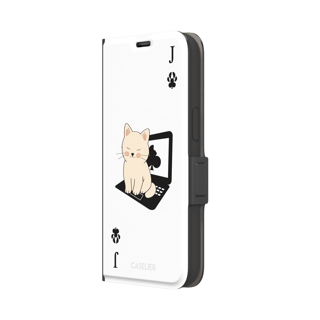 Jack of Clubs playing card phone case in white with a cute cream kitten sitting on a black laptop and paw print club symbols at the corners, phone case by Caselier — wallet case, right view