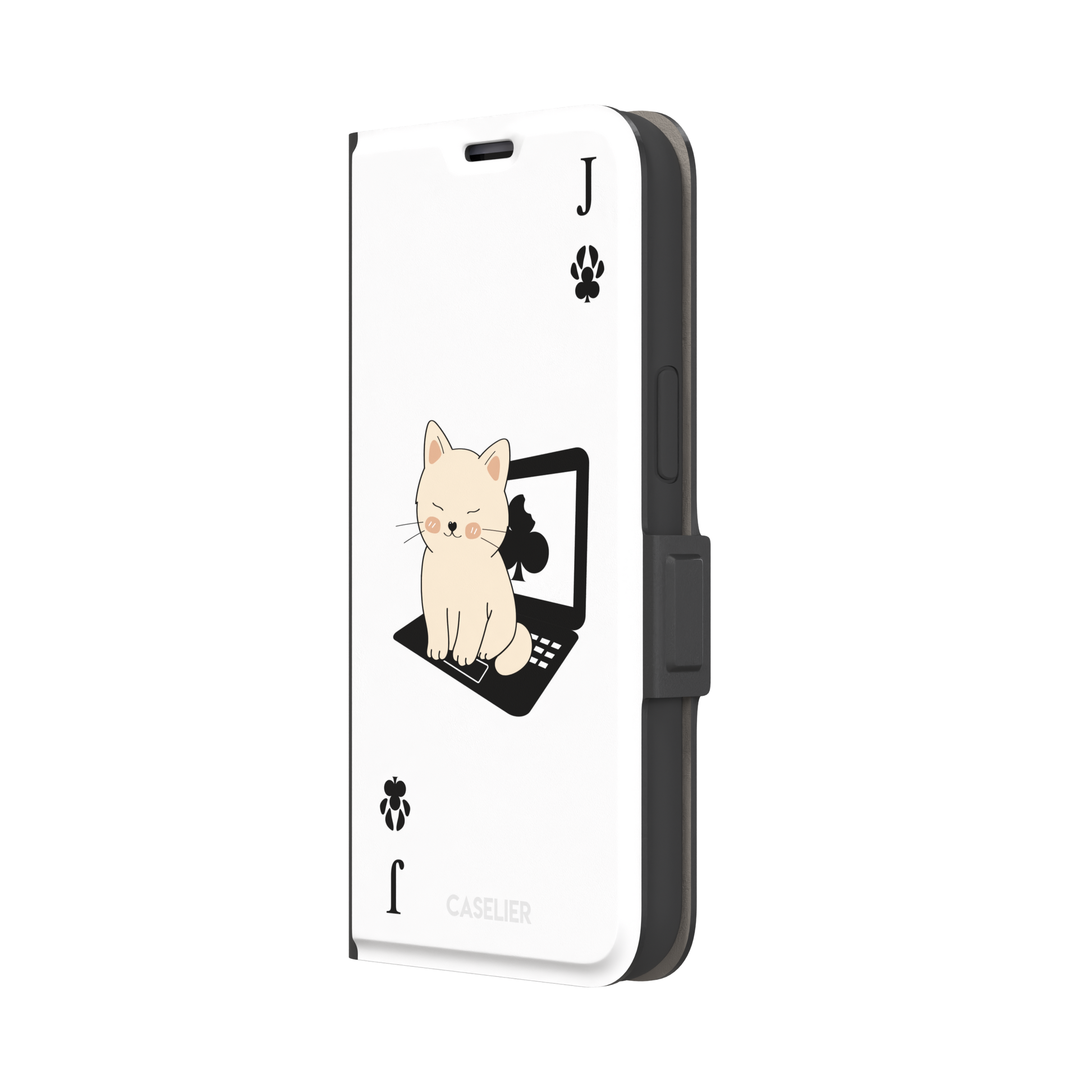 Jack of Clubs playing card phone case in white with a cute cream kitten sitting on a black laptop and paw print club symbols at the corners, phone case by Caselier — wallet case, right view