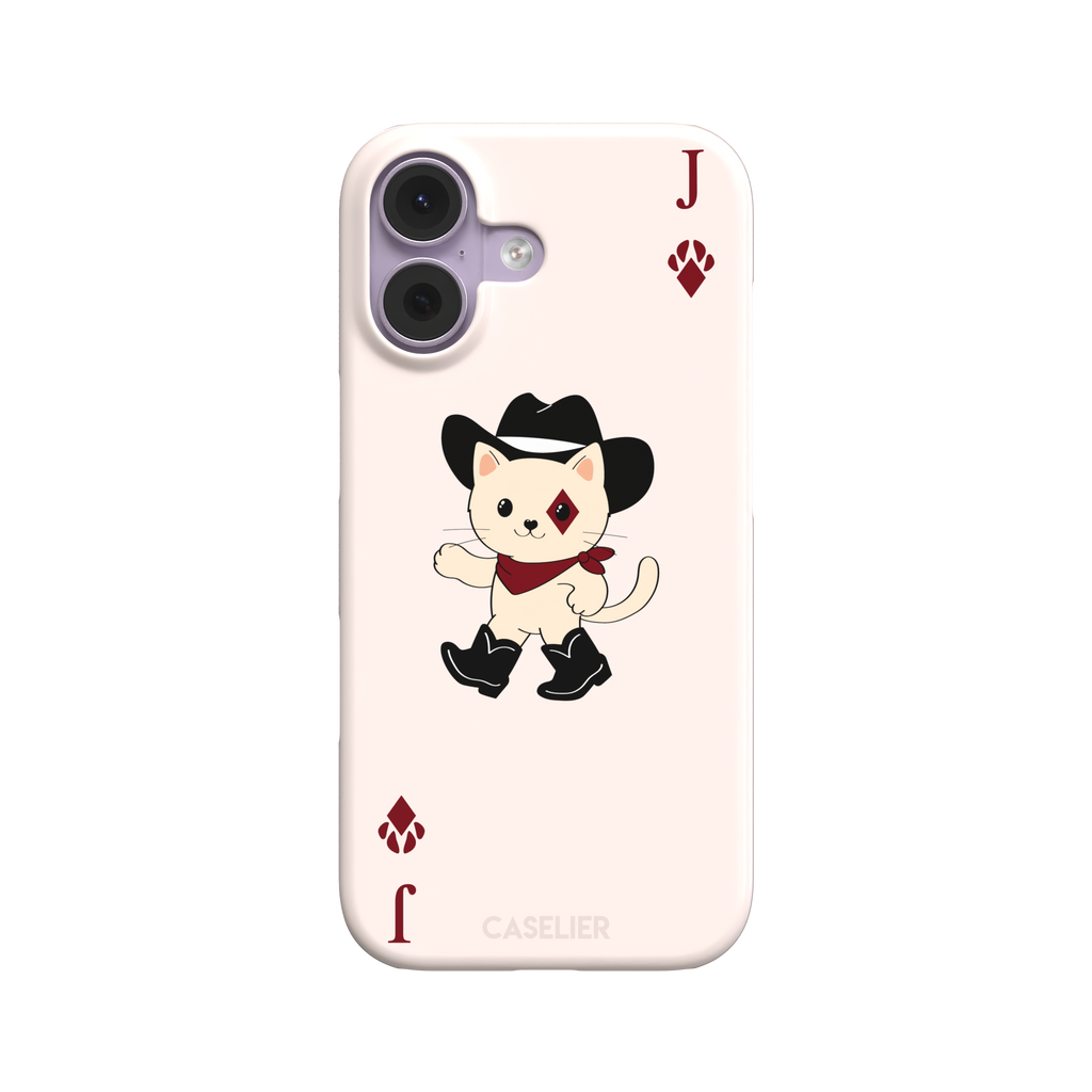 Jack of Diamonds Paw Decks phone case in blush pink with a kawaii cowboy cat illustration and crimson paw-print diamond suit markers, phone case by Caselier — snap case, front view