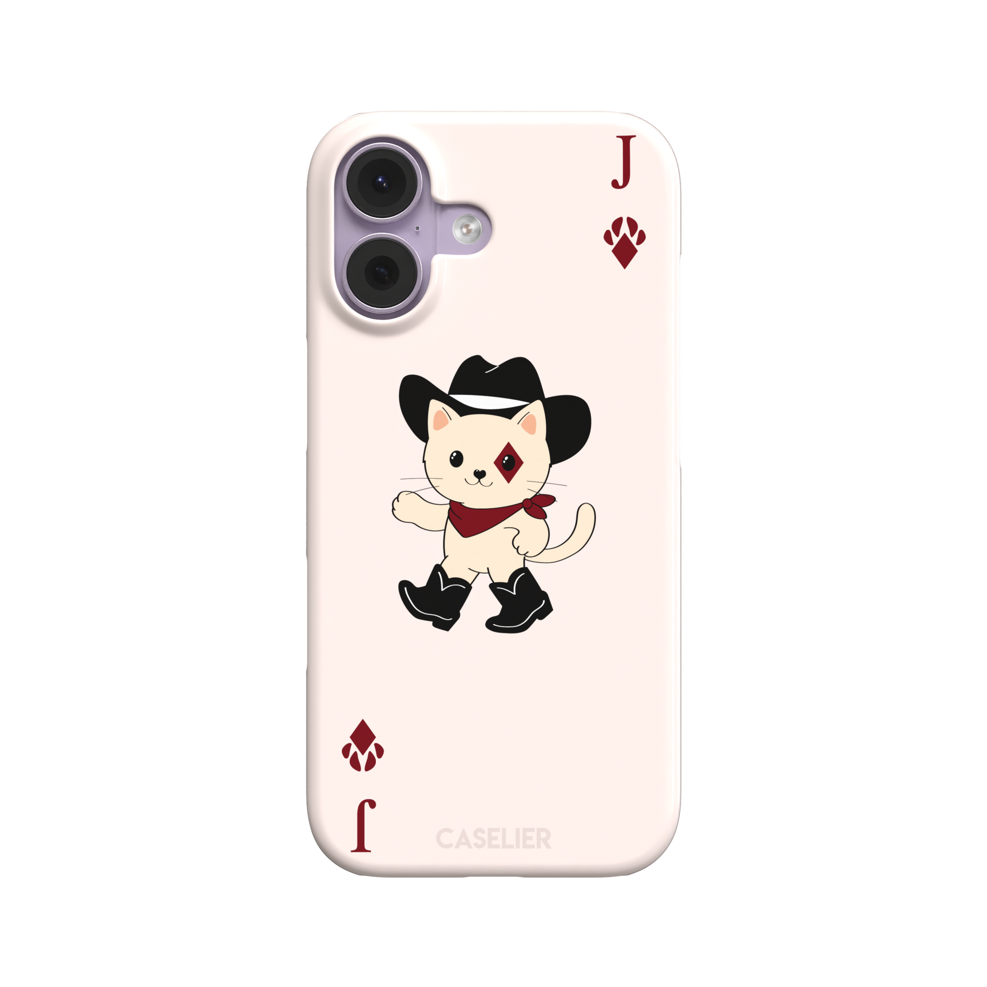 Jack of Diamonds Paw Decks phone case in blush pink with a kawaii cowboy cat illustration and crimson paw-print diamond suit markers, phone case by Caselier — snap case, front view