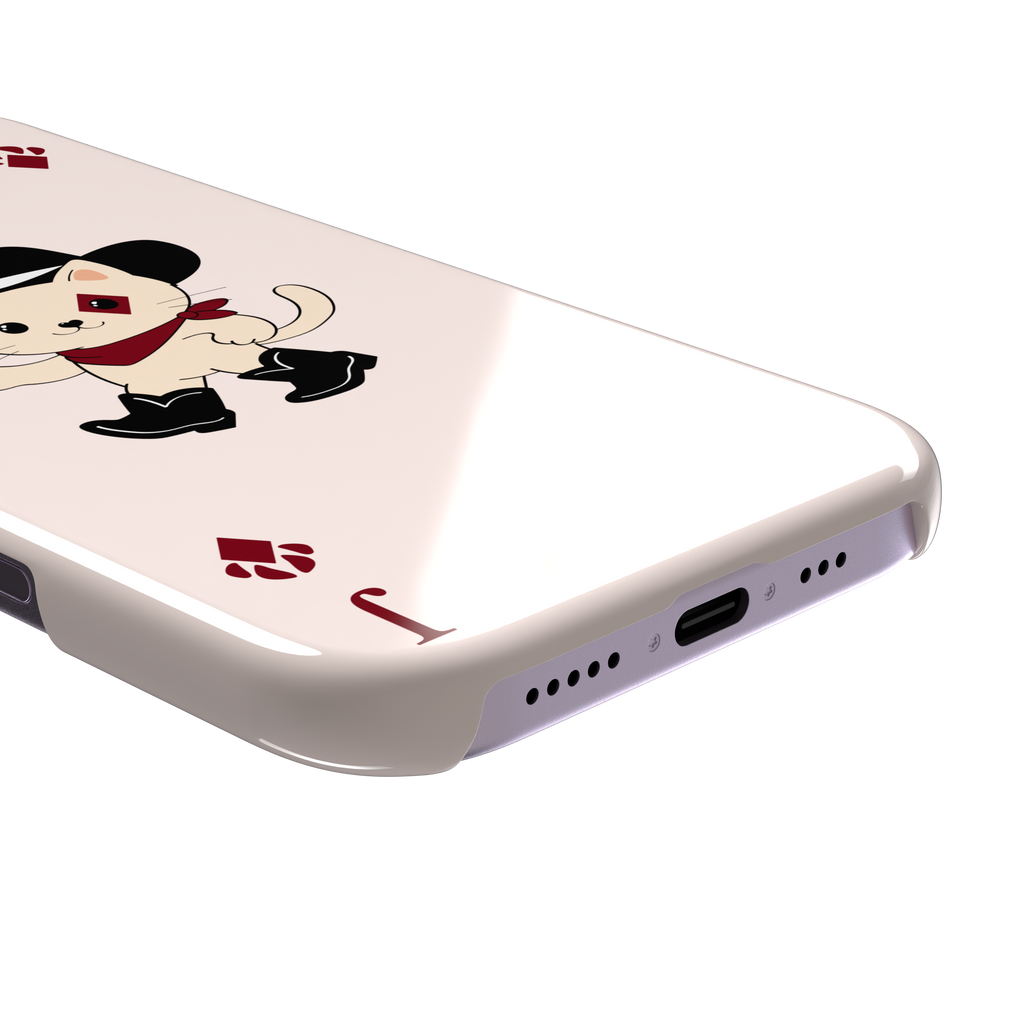 Jack of Diamonds Paw Decks phone case in blush pink with a kawaii cowboy cat illustration and crimson paw-print diamond suit markers, phone case by Caselier — snap case, charging port detail