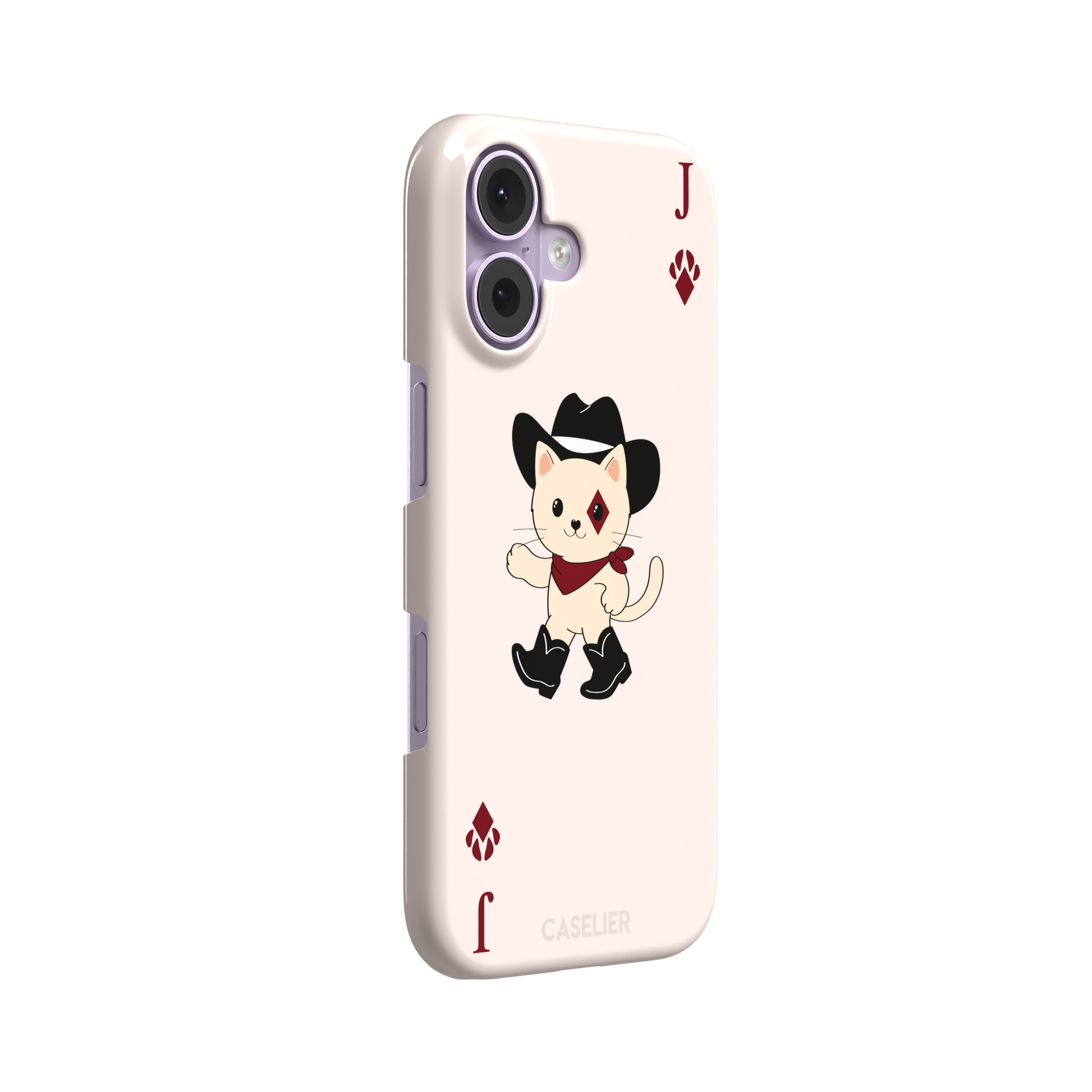 Jack of Diamonds Paw Decks phone case in blush pink with a kawaii cowboy cat illustration and crimson paw-print diamond suit markers, phone case by Caselier — snap case, left view