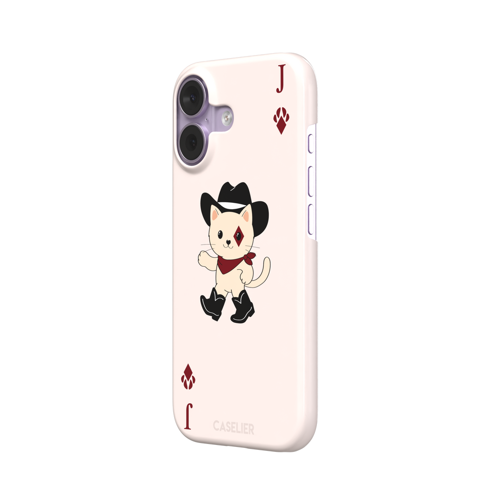 Jack of Diamonds Paw Decks phone case in blush pink with a kawaii cowboy cat illustration and crimson paw-print diamond suit markers, phone case by Caselier — snap case, right view