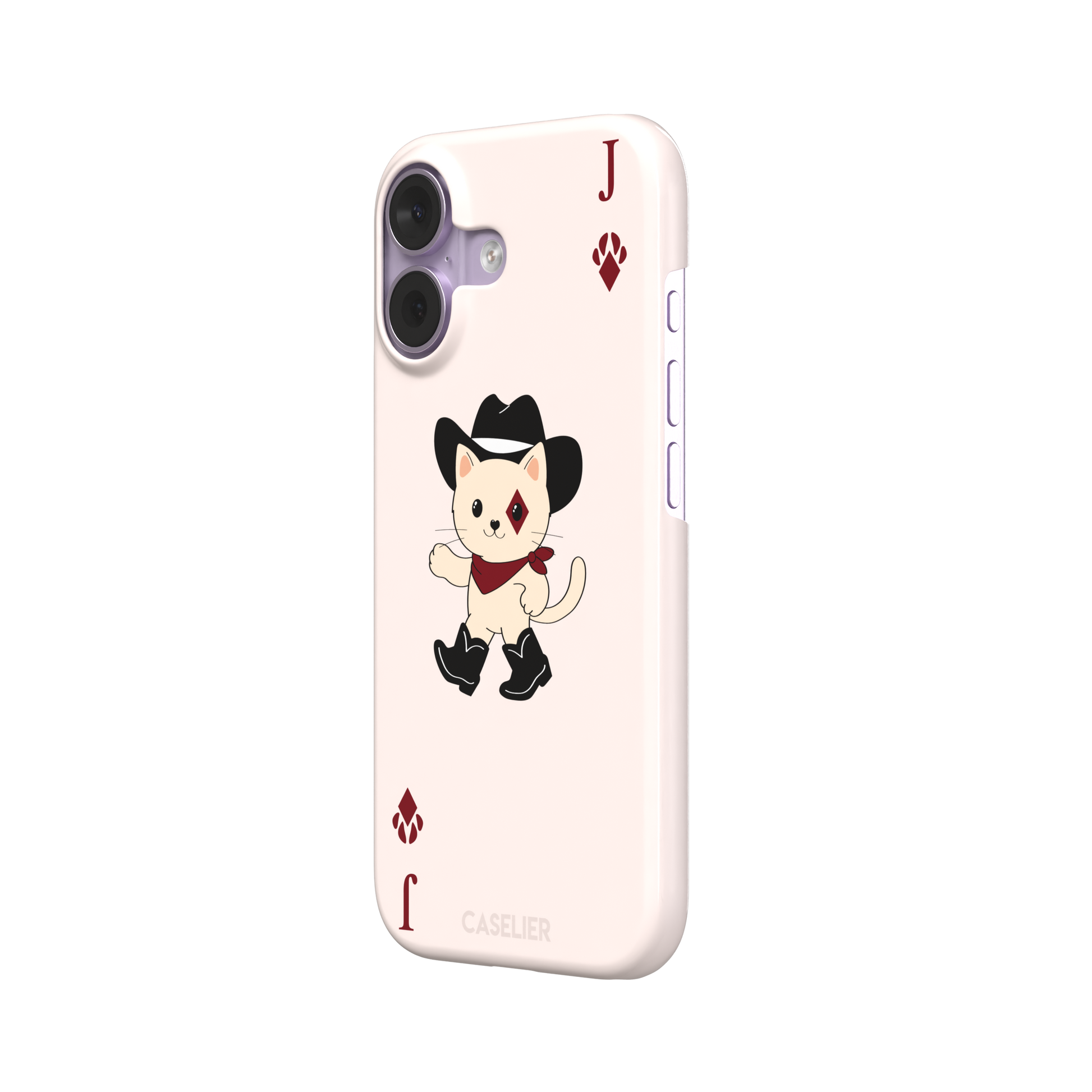 Jack of Diamonds Paw Decks phone case in blush pink with a kawaii cowboy cat illustration and crimson paw-print diamond suit markers, phone case by Caselier — snap case, right view