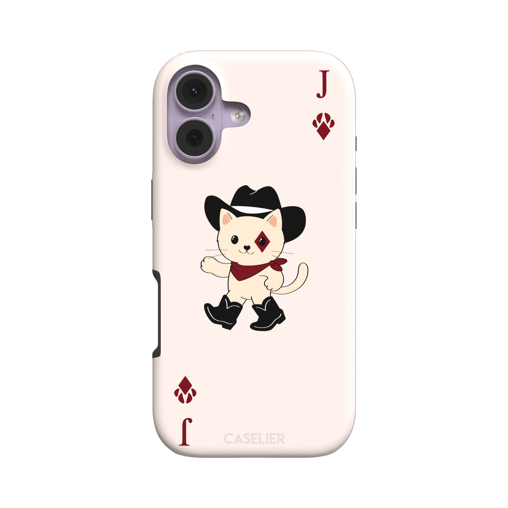 Jack of Diamonds Paw Decks phone case in blush pink with a kawaii cowboy cat illustration and crimson paw-print diamond suit markers, phone case by Caselier — tough case, front view