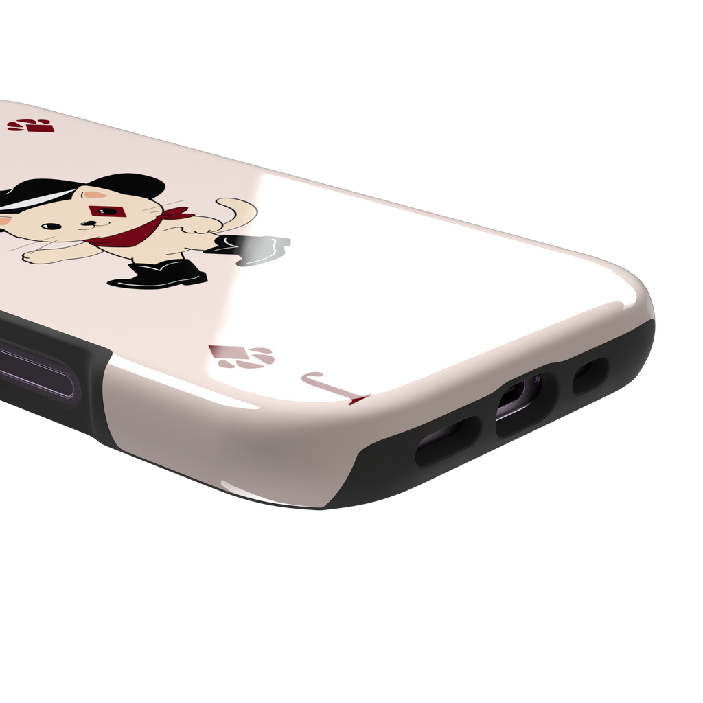 Jack of Diamonds Paw Decks phone case in blush pink with a kawaii cowboy cat illustration and crimson paw-print diamond suit markers, phone case by Caselier — tough case, charging port detail
