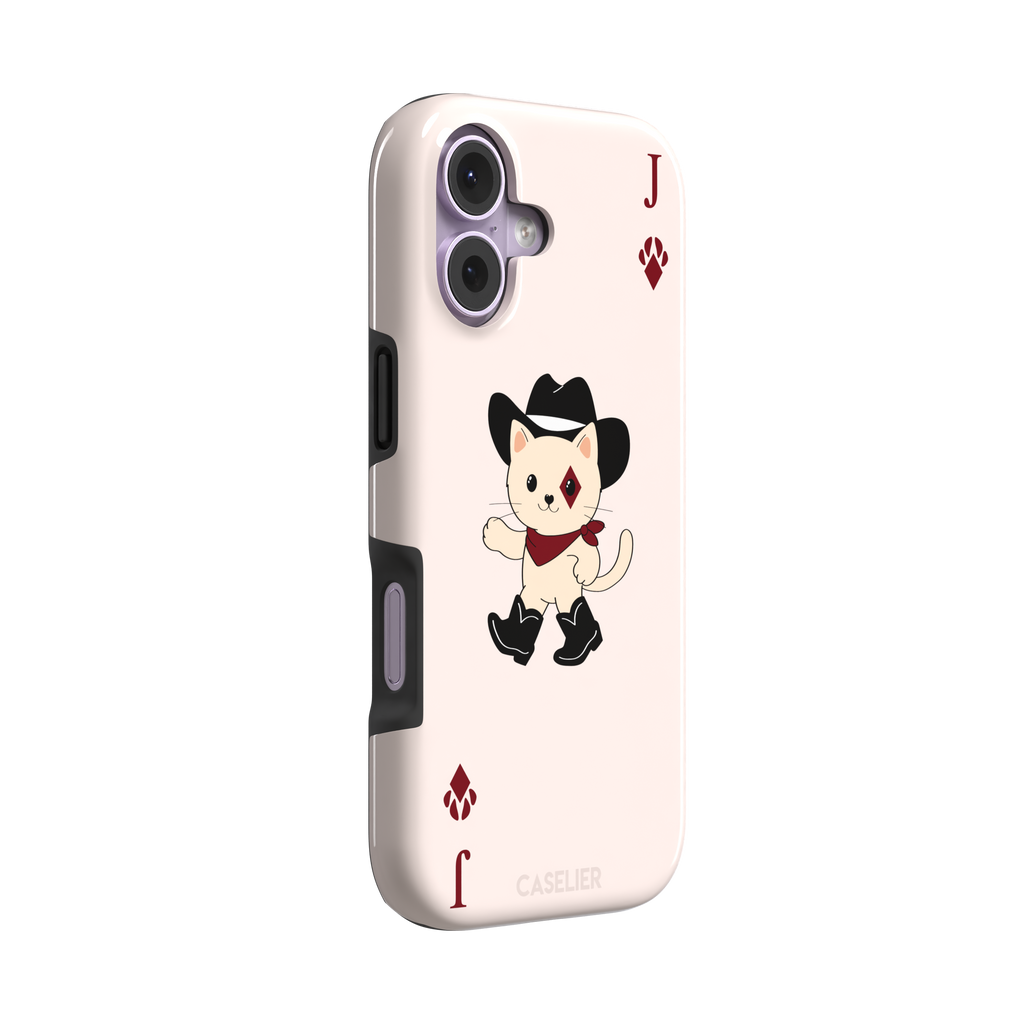 Jack of Diamonds Paw Decks phone case in blush pink with a kawaii cowboy cat illustration and crimson paw-print diamond suit markers, phone case by Caselier — tough case, left view