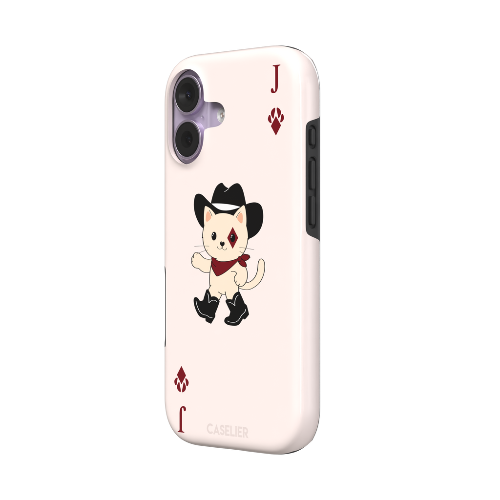 Jack of Diamonds Paw Decks phone case in blush pink with a kawaii cowboy cat illustration and crimson paw-print diamond suit markers, phone case by Caselier — tough case, right view