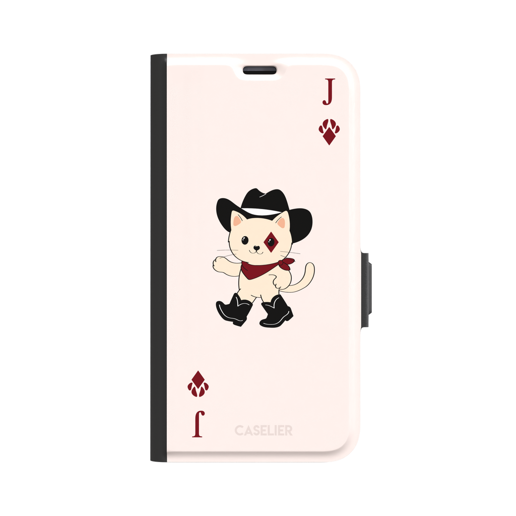 Jack of Diamonds Paw Decks phone case in blush pink with a kawaii cowboy cat illustration and crimson paw-print diamond suit markers, phone case by Caselier — wallet case, front view