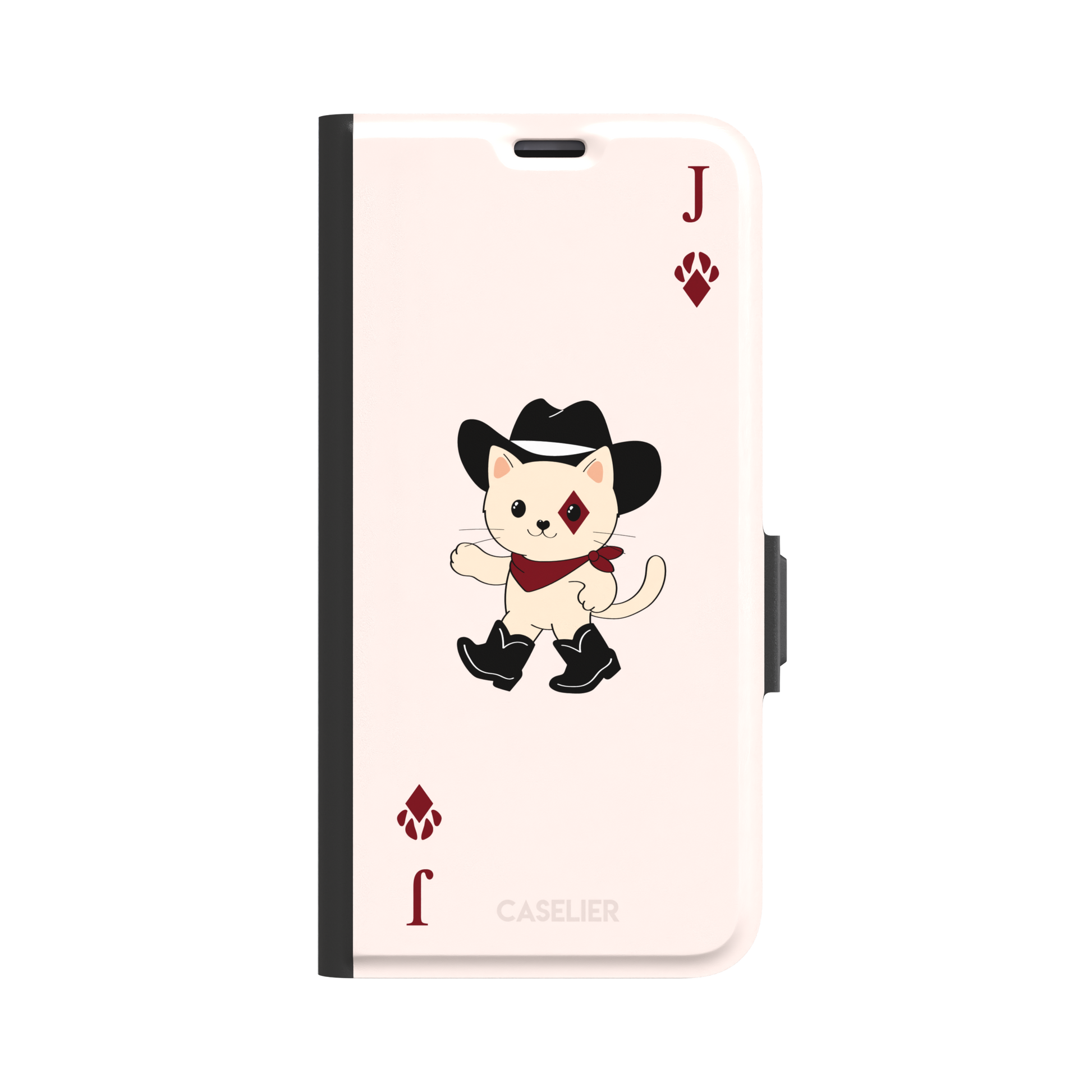 Jack of Diamonds Paw Decks phone case in blush pink with a kawaii cowboy cat illustration and crimson paw-print diamond suit markers, phone case by Caselier — wallet case, front view