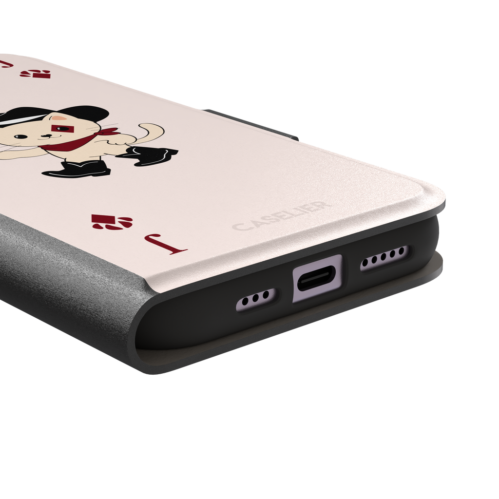 Jack of Diamonds Paw Decks phone case in blush pink with a kawaii cowboy cat illustration and crimson paw-print diamond suit markers, phone case by Caselier — wallet case, charging port detail