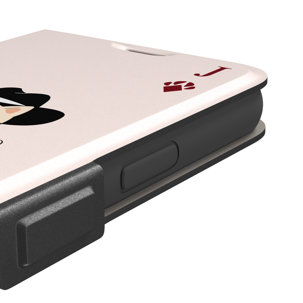 Jack of Diamonds Paw Decks phone case in blush pink with a kawaii cowboy cat illustration and crimson paw-print diamond suit markers, phone case by Caselier — wallet case, volume buttons detail