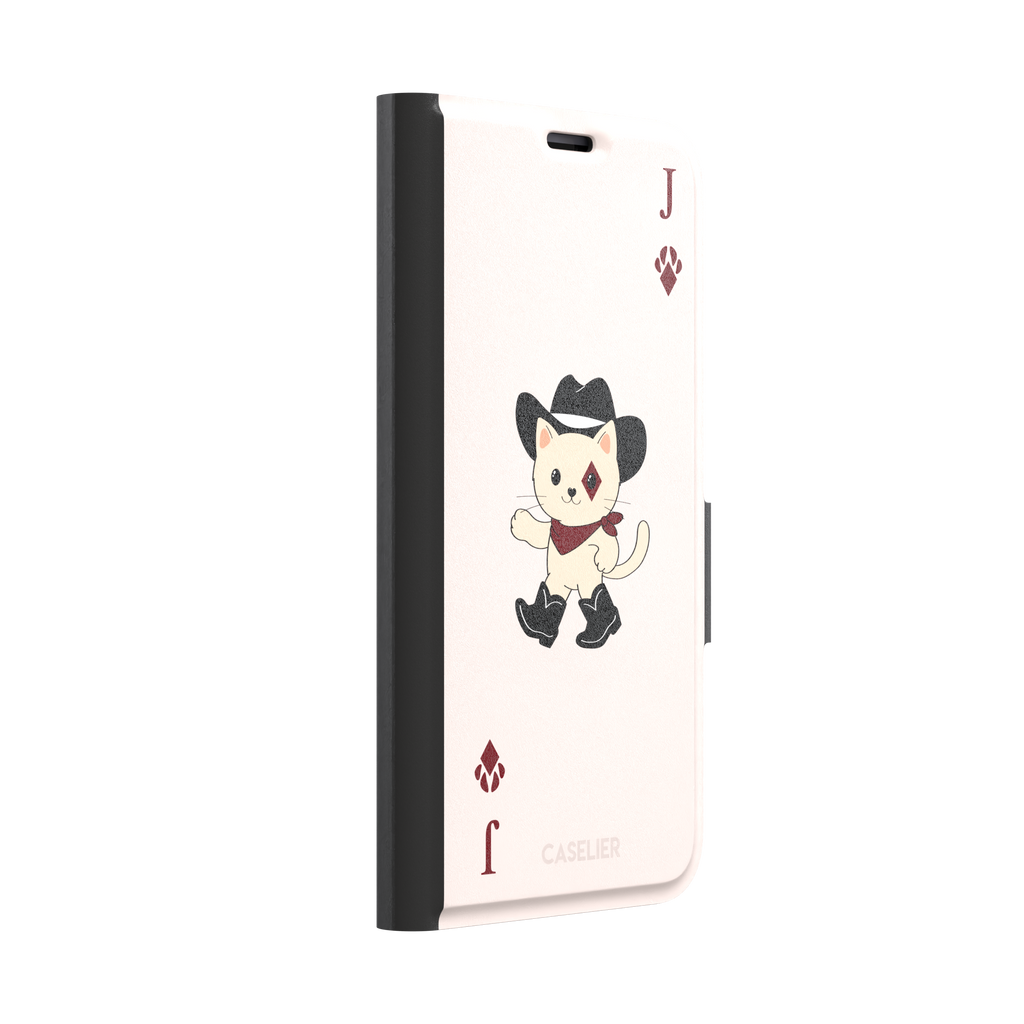 Jack of Diamonds Paw Decks phone case in blush pink with a kawaii cowboy cat illustration and crimson paw-print diamond suit markers, phone case by Caselier — wallet case, left view