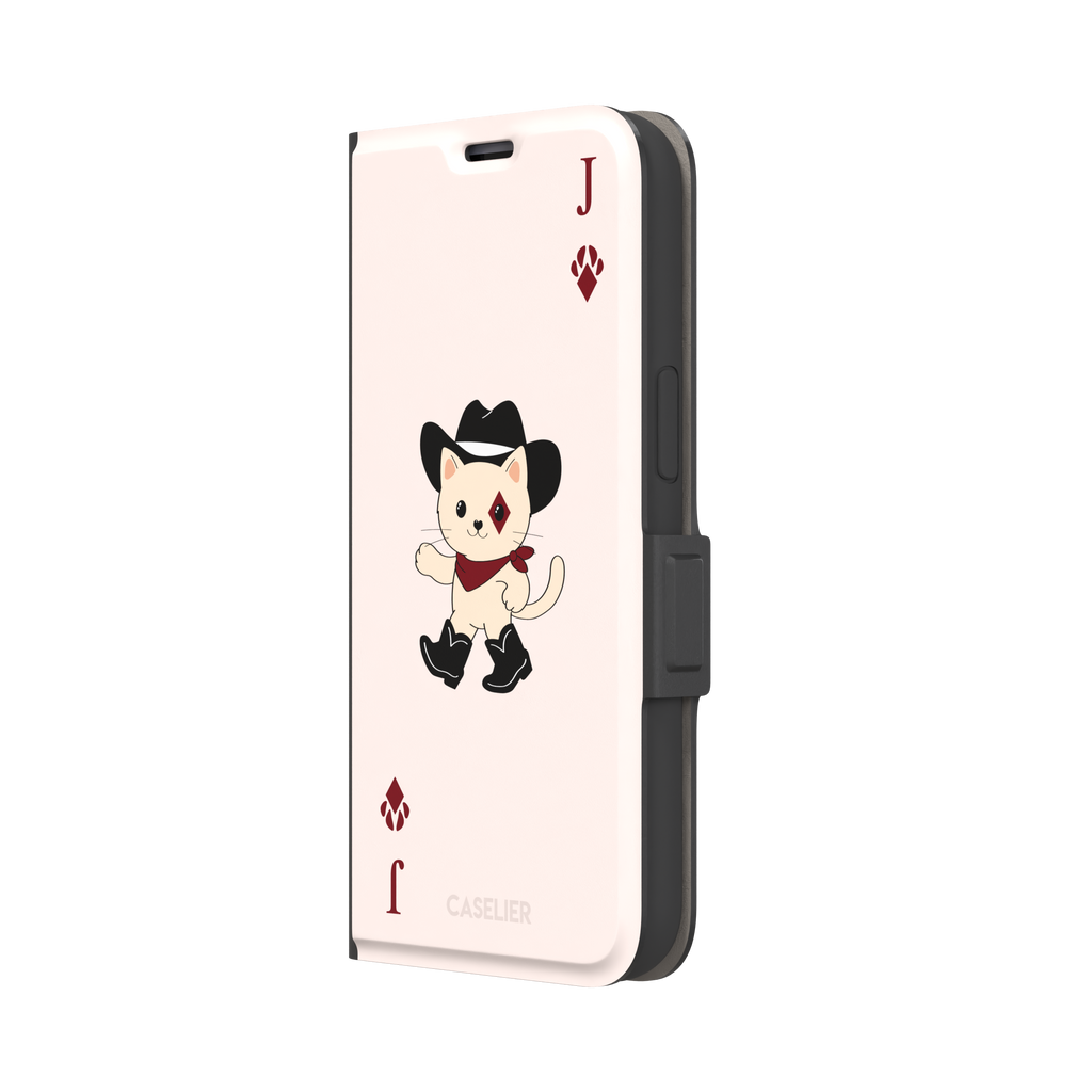 Jack of Diamonds Paw Decks phone case in blush pink with a kawaii cowboy cat illustration and crimson paw-print diamond suit markers, phone case by Caselier — wallet case, right view