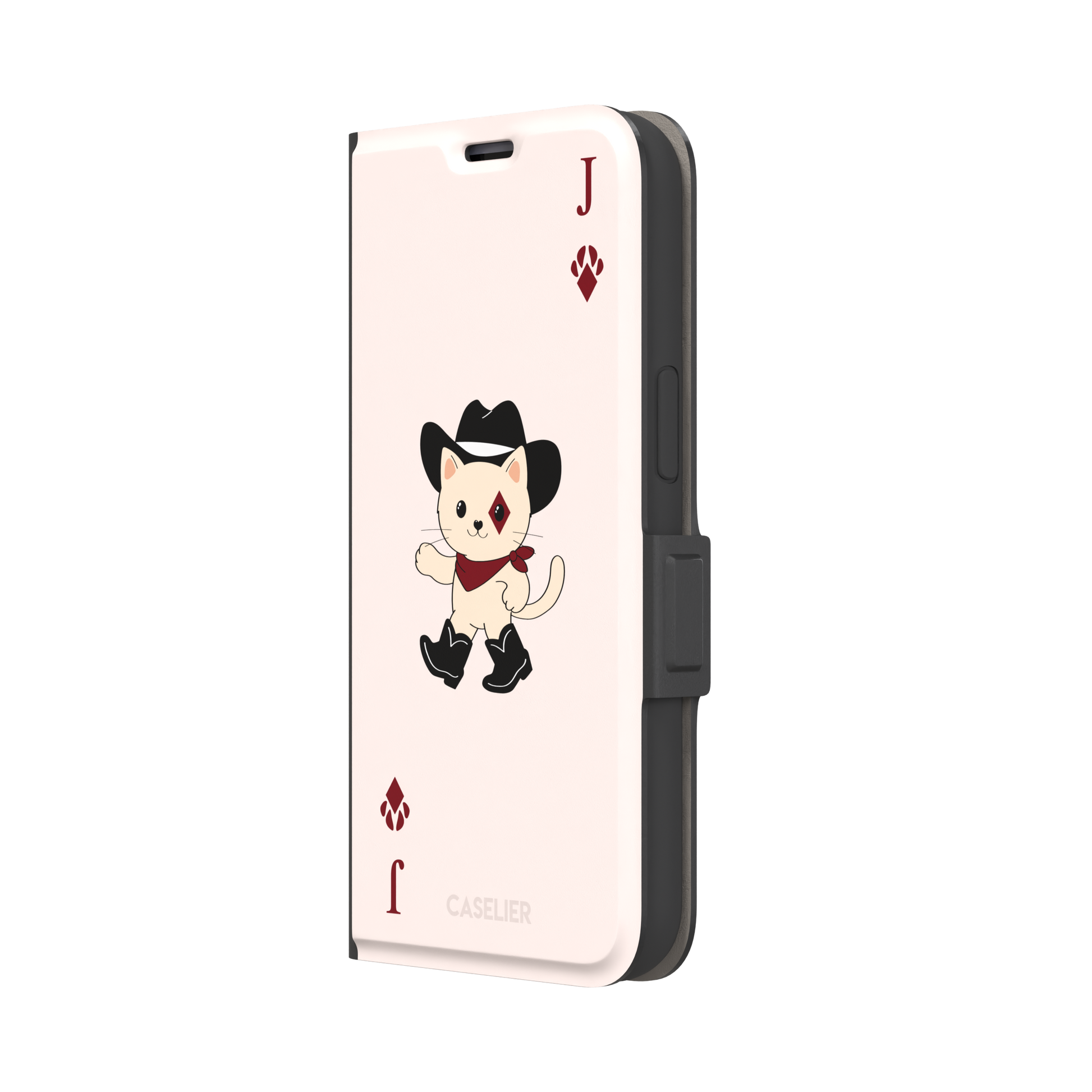 Jack of Diamonds Paw Decks phone case in blush pink with a kawaii cowboy cat illustration and crimson paw-print diamond suit markers, phone case by Caselier — wallet case, right view