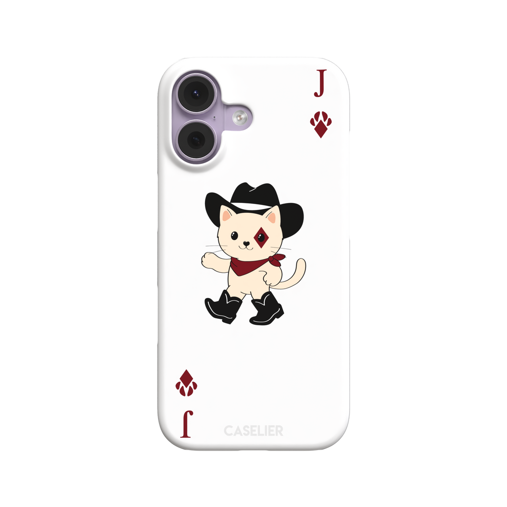 Jack of Diamonds Paw Decks phone case in white with a kawaii cowboy cat illustration and crimson paw-print diamond suit markers, phone case by Caselier — snap case, front view