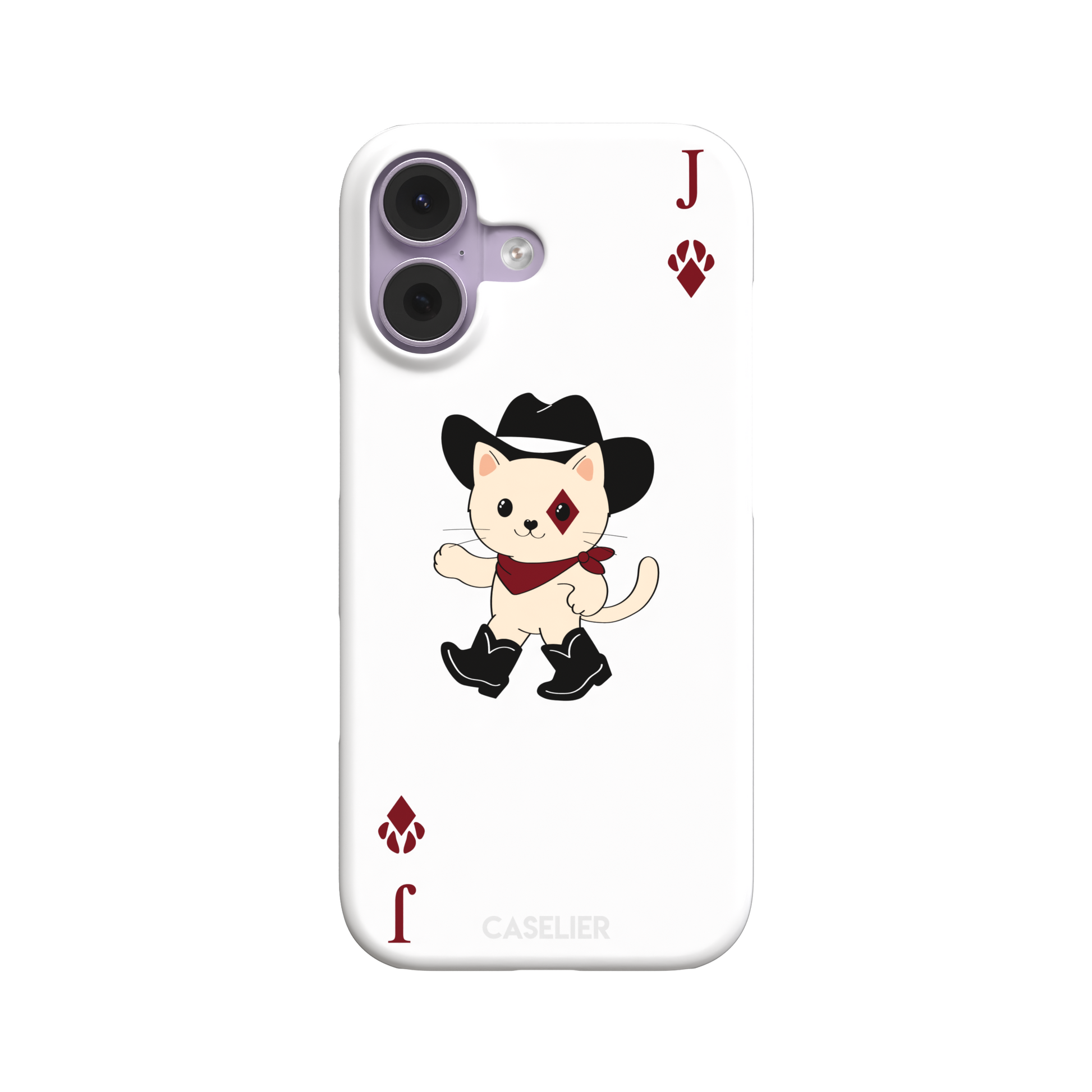 Jack of Diamonds Paw Decks phone case in white with a kawaii cowboy cat illustration and crimson paw-print diamond suit markers, phone case by Caselier — snap case, front view