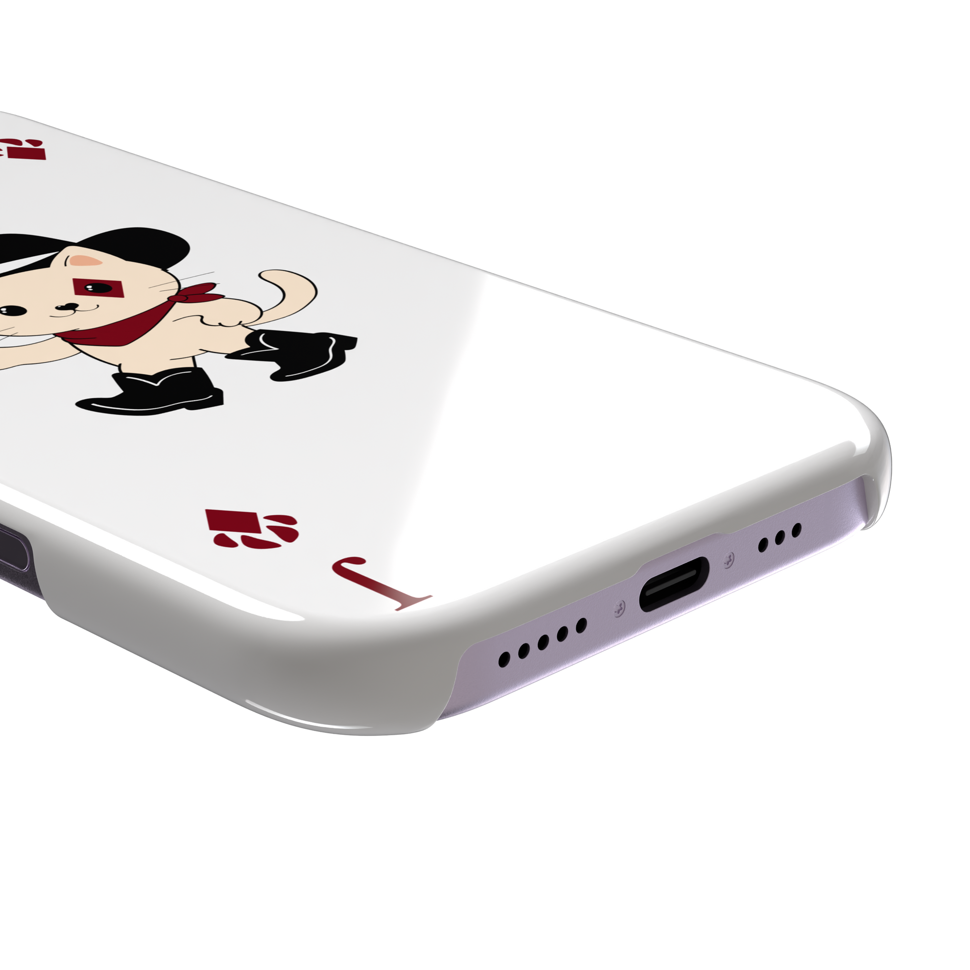 Jack of Diamonds Paw Decks phone case in white with a kawaii cowboy cat illustration and crimson paw-print diamond suit markers, phone case by Caselier — snap case, charging port detail