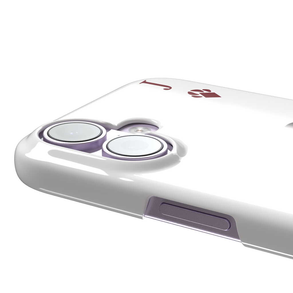 Jack of Diamonds Paw Decks phone case in white with a kawaii cowboy cat illustration and crimson paw-print diamond suit markers, phone case by Caselier — snap case, volume buttons detail