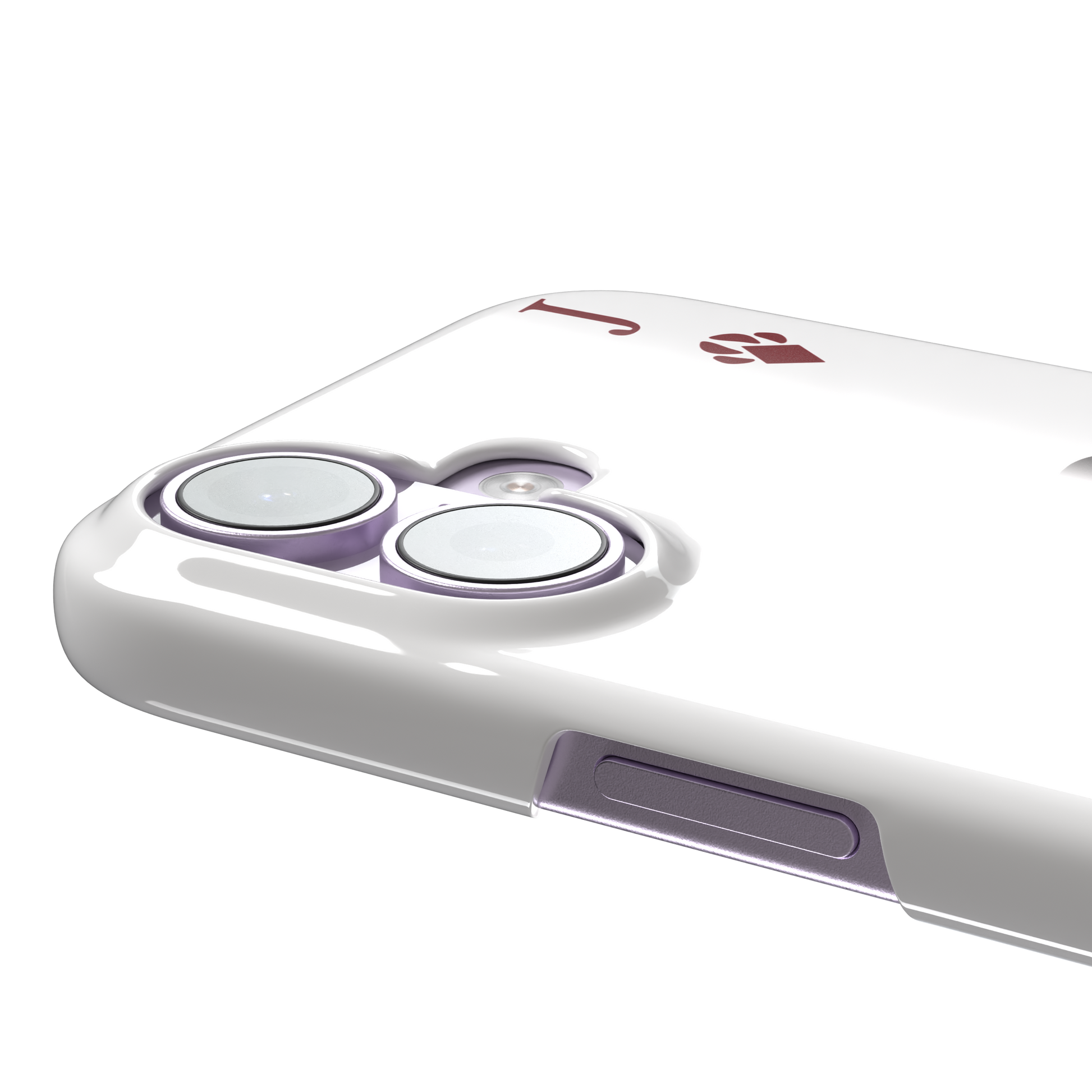 Jack of Diamonds Paw Decks phone case in white with a kawaii cowboy cat illustration and crimson paw-print diamond suit markers, phone case by Caselier — snap case, volume buttons detail