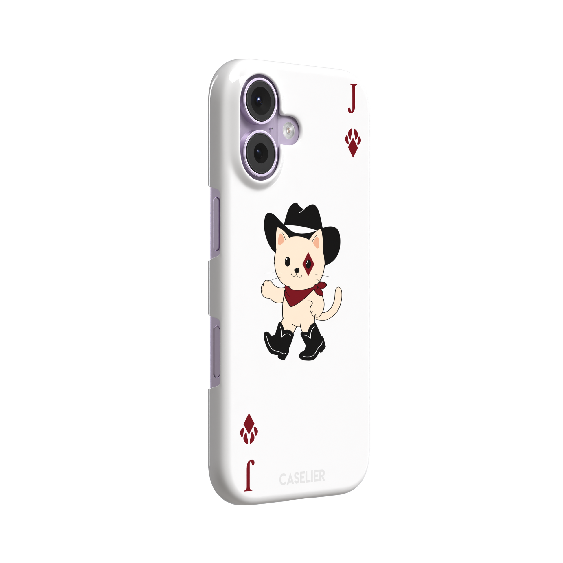 Jack of Diamonds Paw Decks phone case in white with a kawaii cowboy cat illustration and crimson paw-print diamond suit markers, phone case by Caselier — snap case, left view